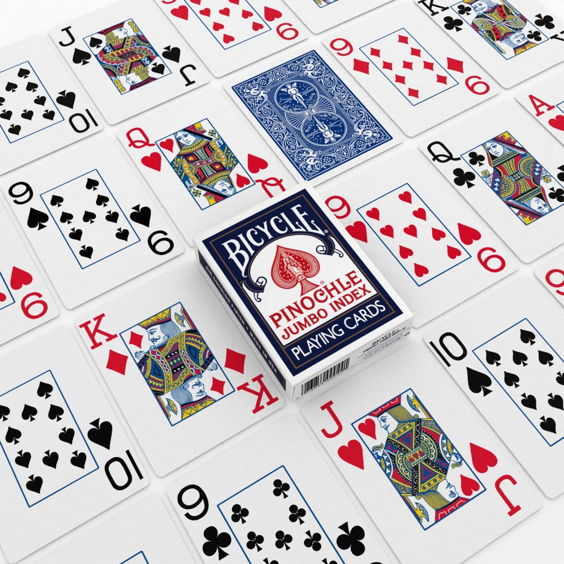 Bicycle Jumbo Pinochle cards with tuck box, front, and rider back