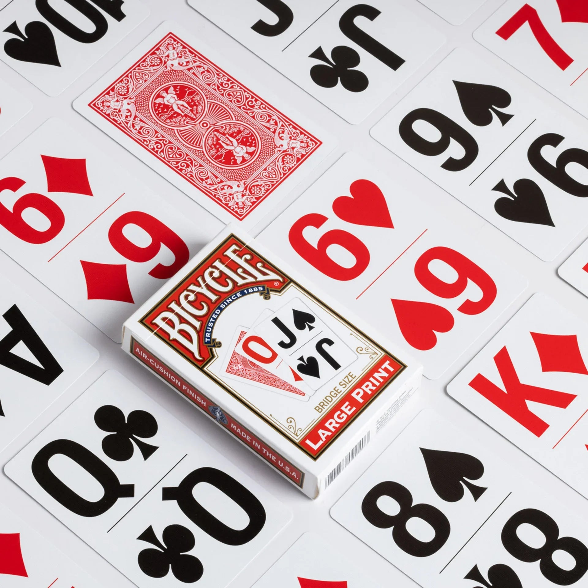 Large print playing cards with oversized numbers and suit symbols for easier reading