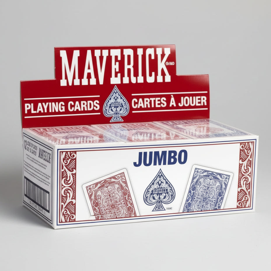 Maverick playing cards 12‑deck bricks (red and blue) stacked for home poker nights and church game closets
