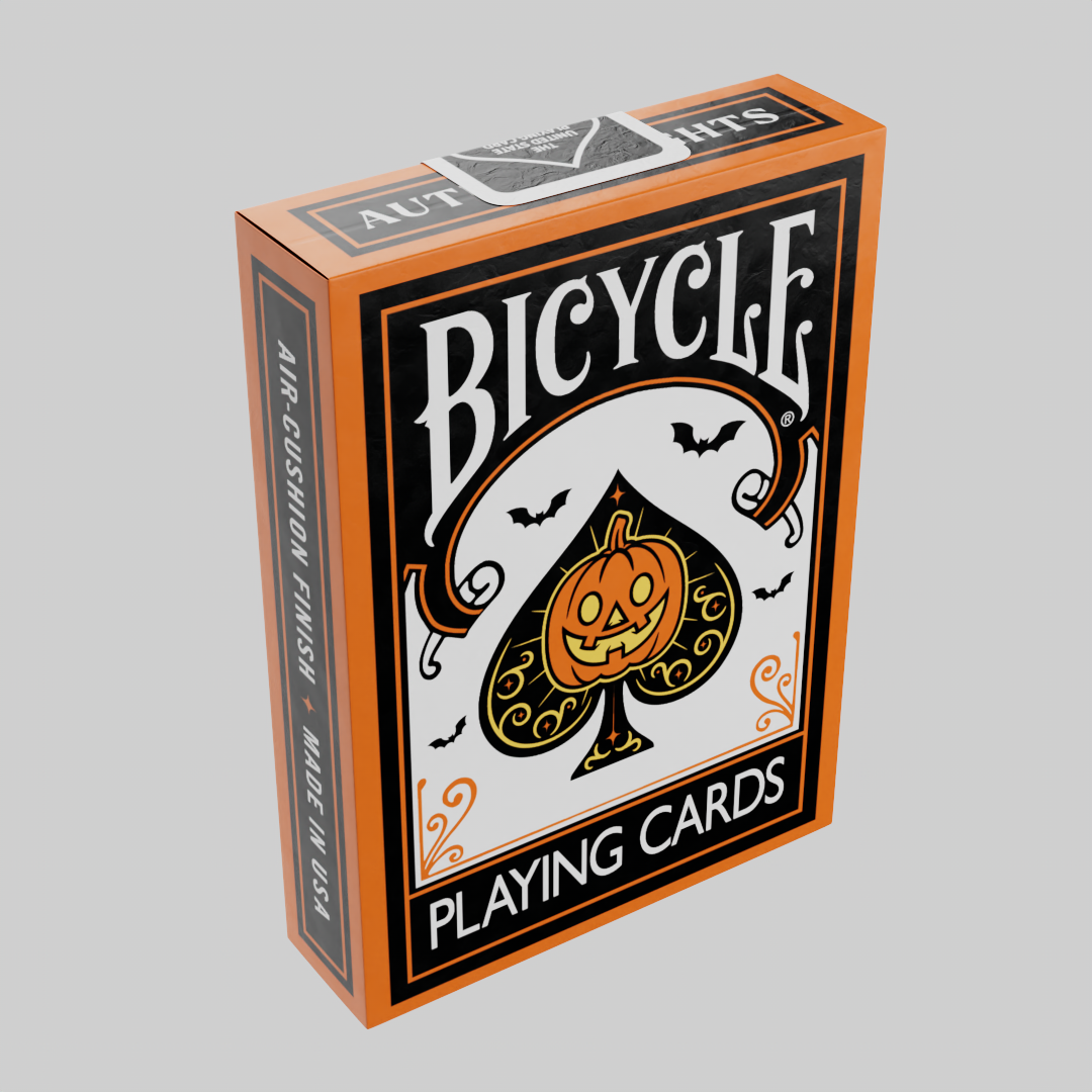 Angled view of Bicycle Classic Halloween Playing Cards in the 2026 orange tuck box