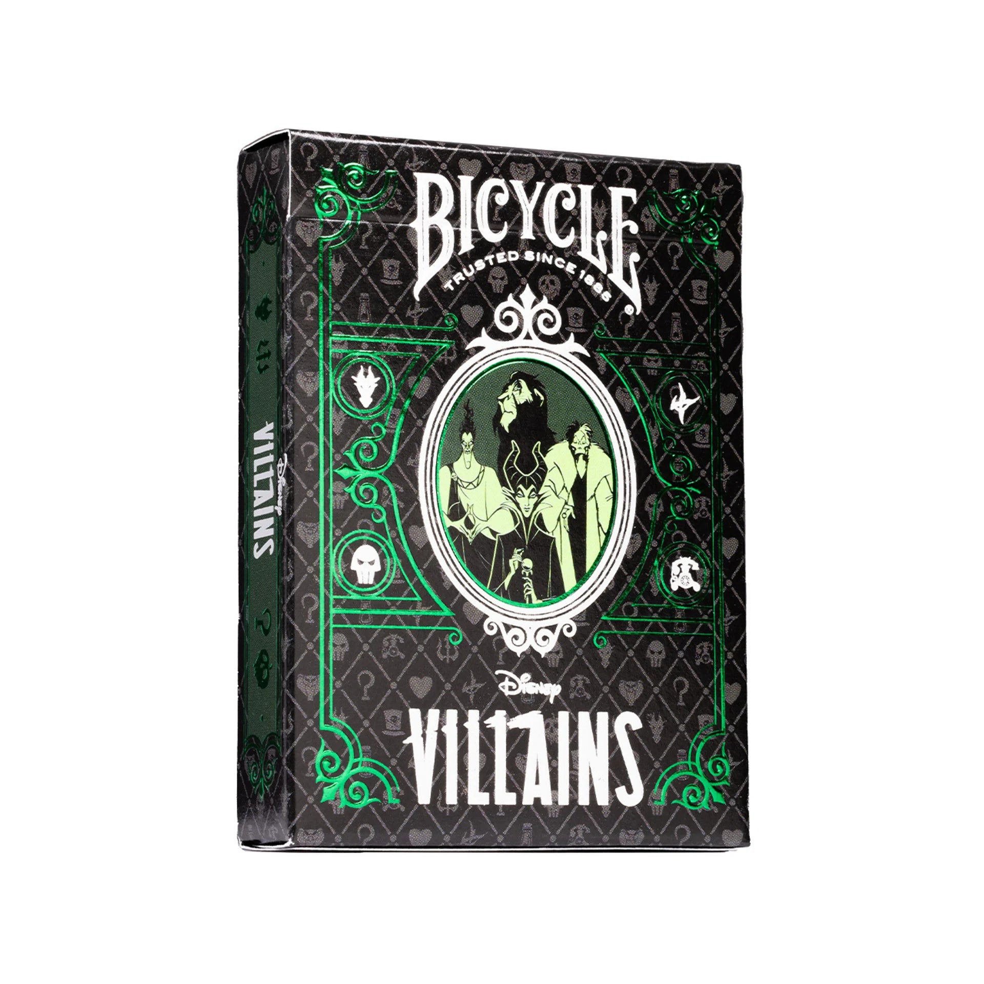 Bicycle Villains playing cards packaging with black and green design