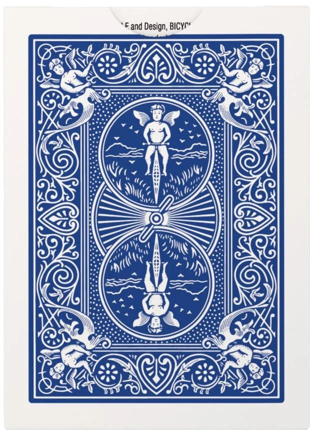 Bicycle Sterling Blue ornate card back with winged figures and scrollwork