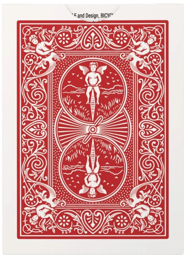 Bicycle Sterling Red ornate card back with winged figures and scrollwork