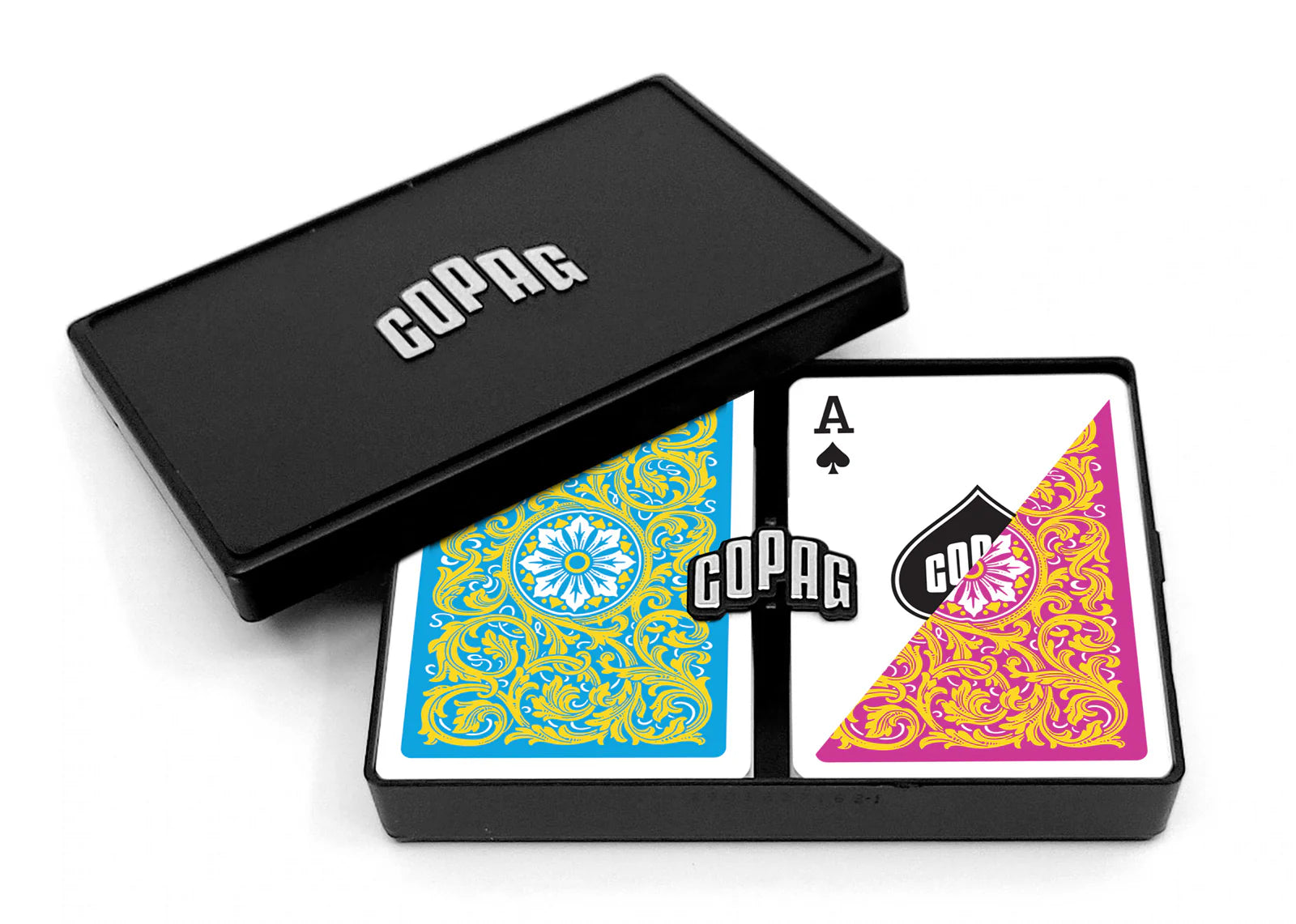 Black Copag Neoteric Poker Size Regular Index (Pink & Yellow) playing cards box with two cards showing colorful designs and Copag branding.
