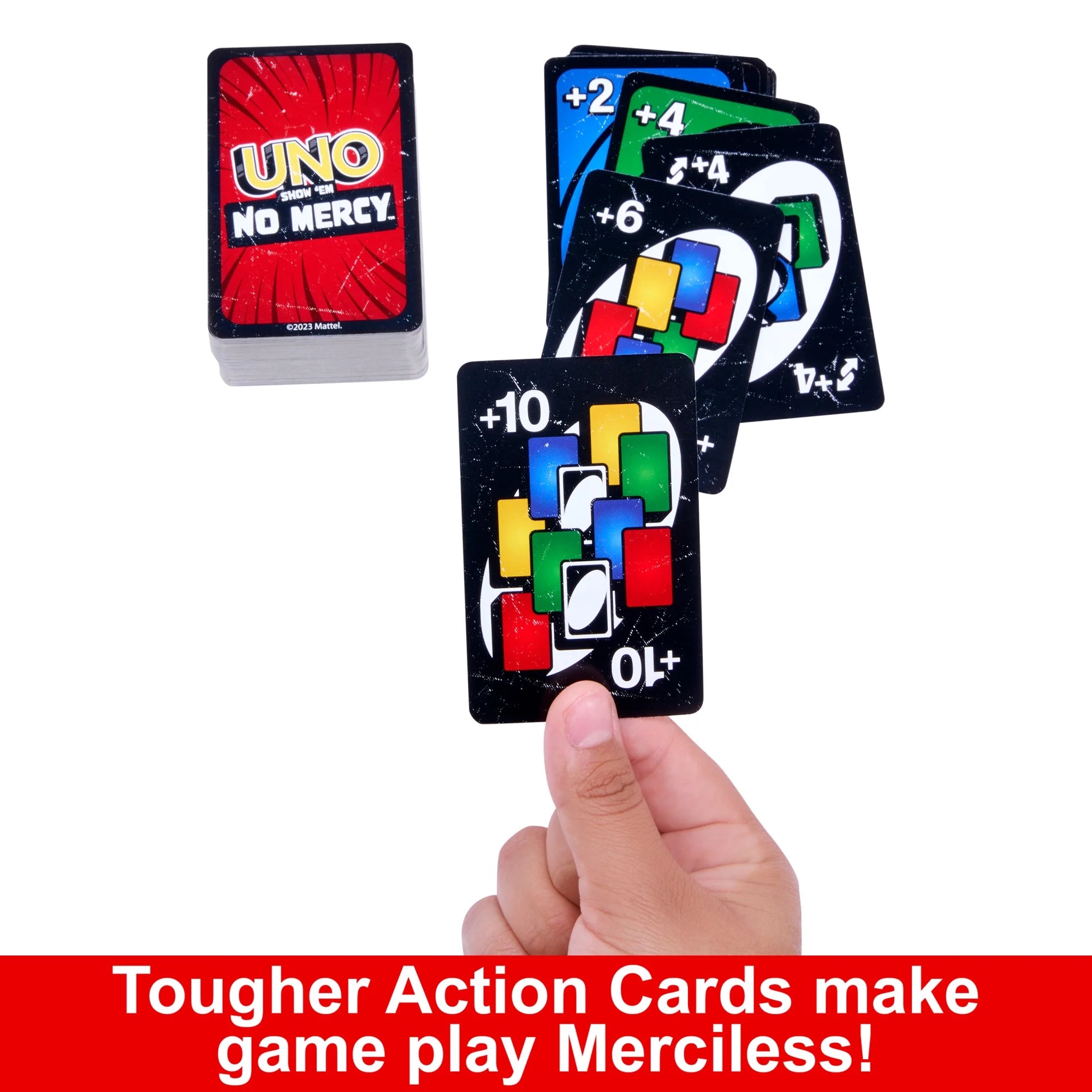 Hand holding Uno Show Em No Mercy cards with a red card labeled 'No Mercy' on a white background