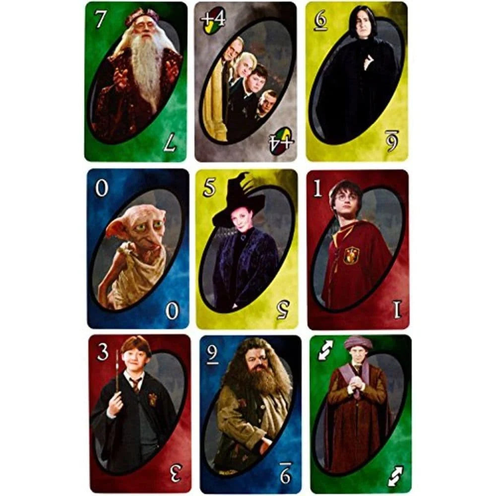 A set of nine Harry Potter UNO character cards arranged in a 3x3 grid on a white background. Each card features a portrait of a wizard or character inside an oval, with Hogwarts house numbers and playing card suits in the corners.