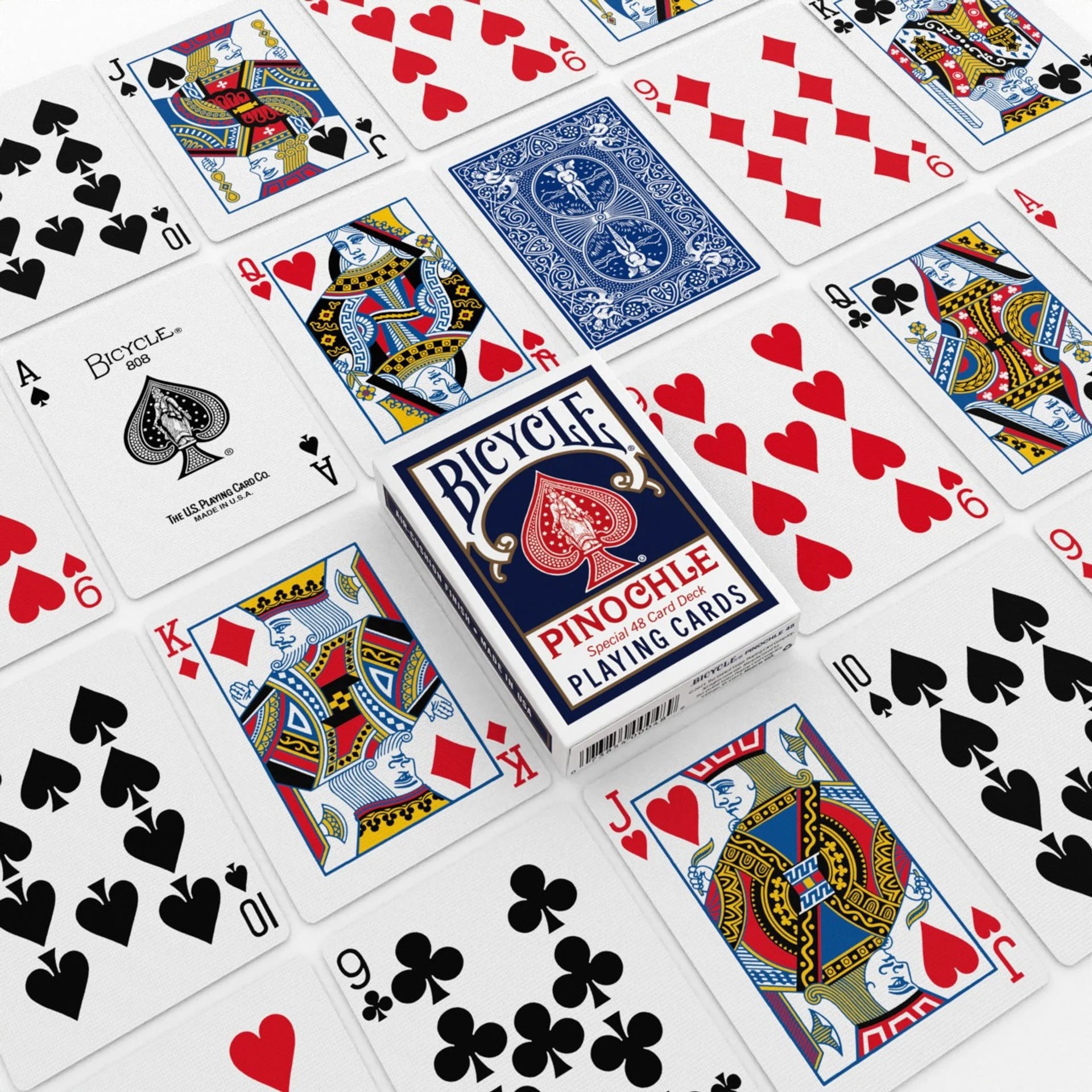 Bicycle Pinochle playing cards with various cards displayed on a white background.