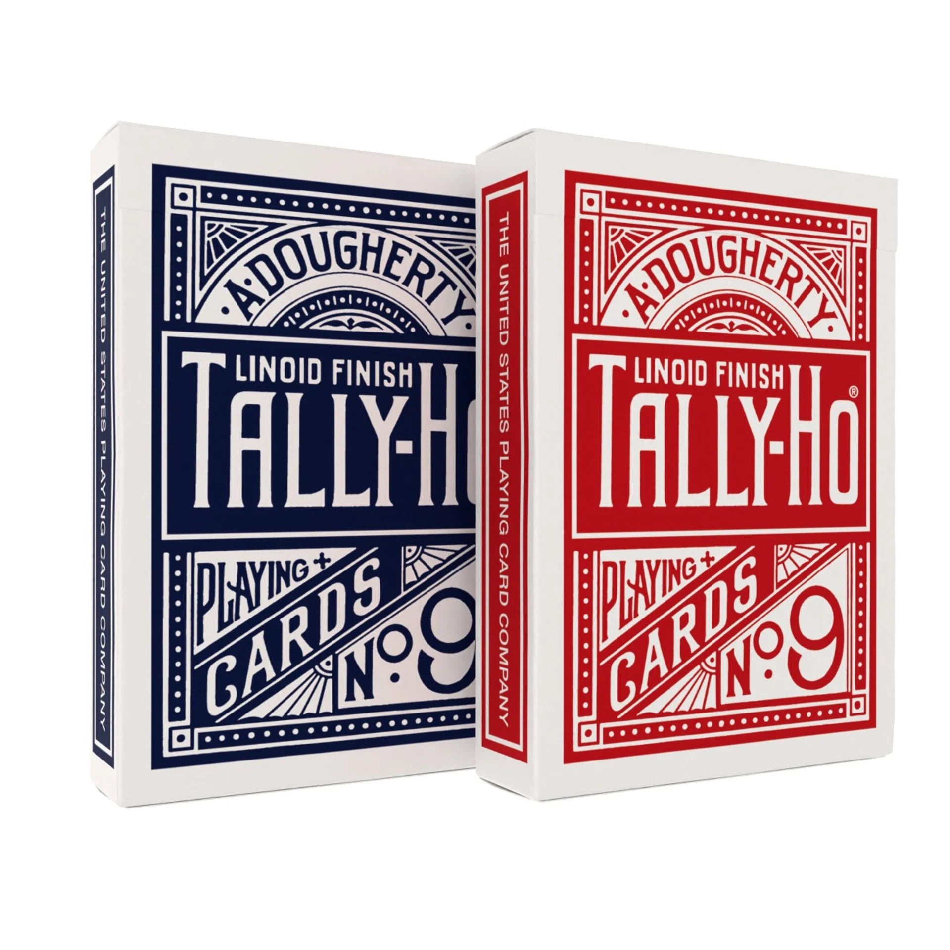 Two Tally-Ho playing card decks, one blue and one red, on a white background.