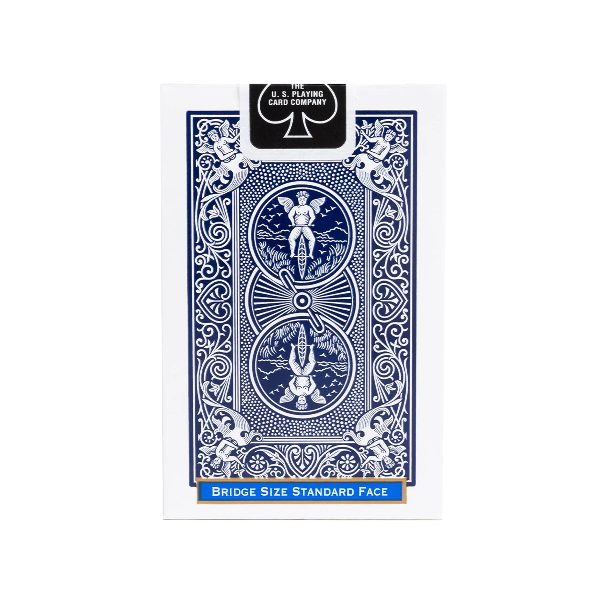 Blue Bridge playing card deck packaging with intricate designs on a white background