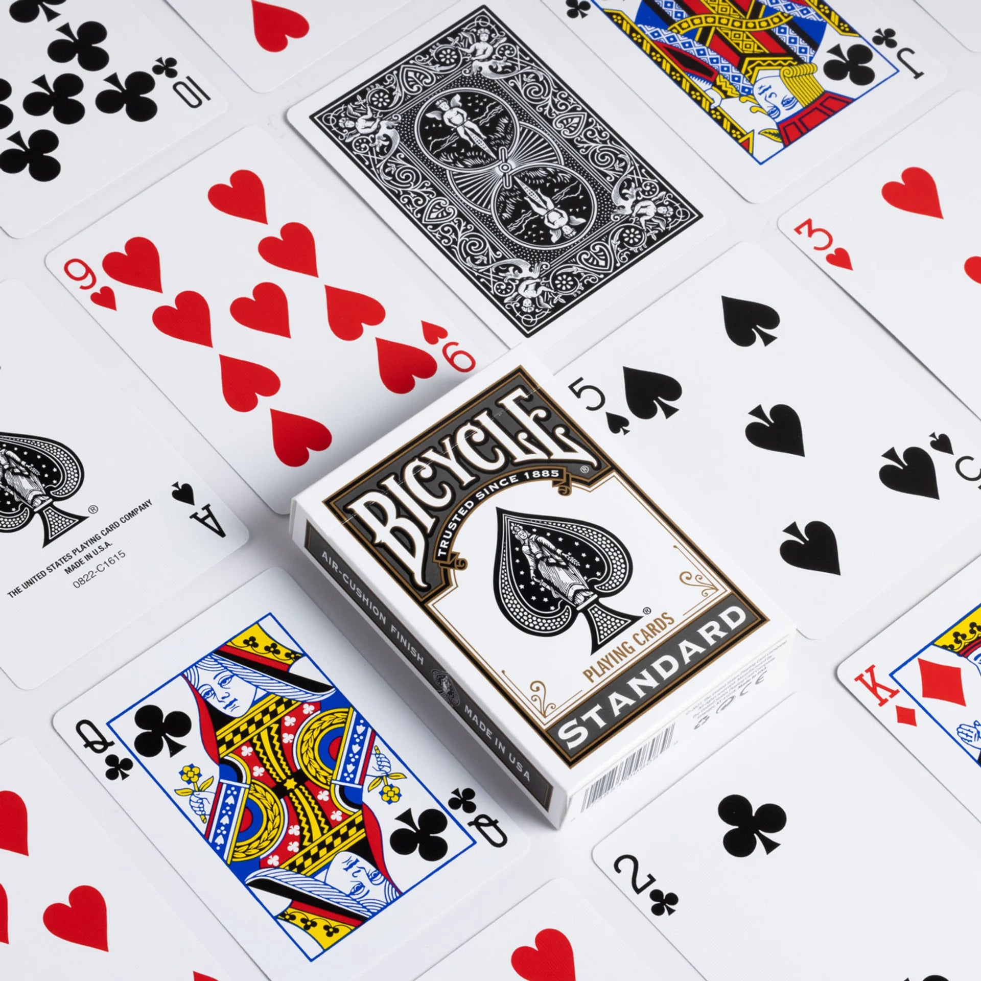 Bicycle black rider back playing cards with various card faces displayed on a white background