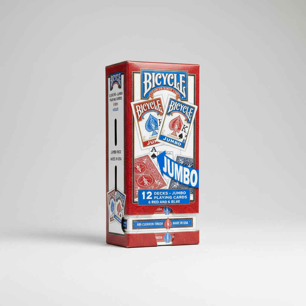 Box of Bicycle Jumbo playing cards with red and blue designs on a white background