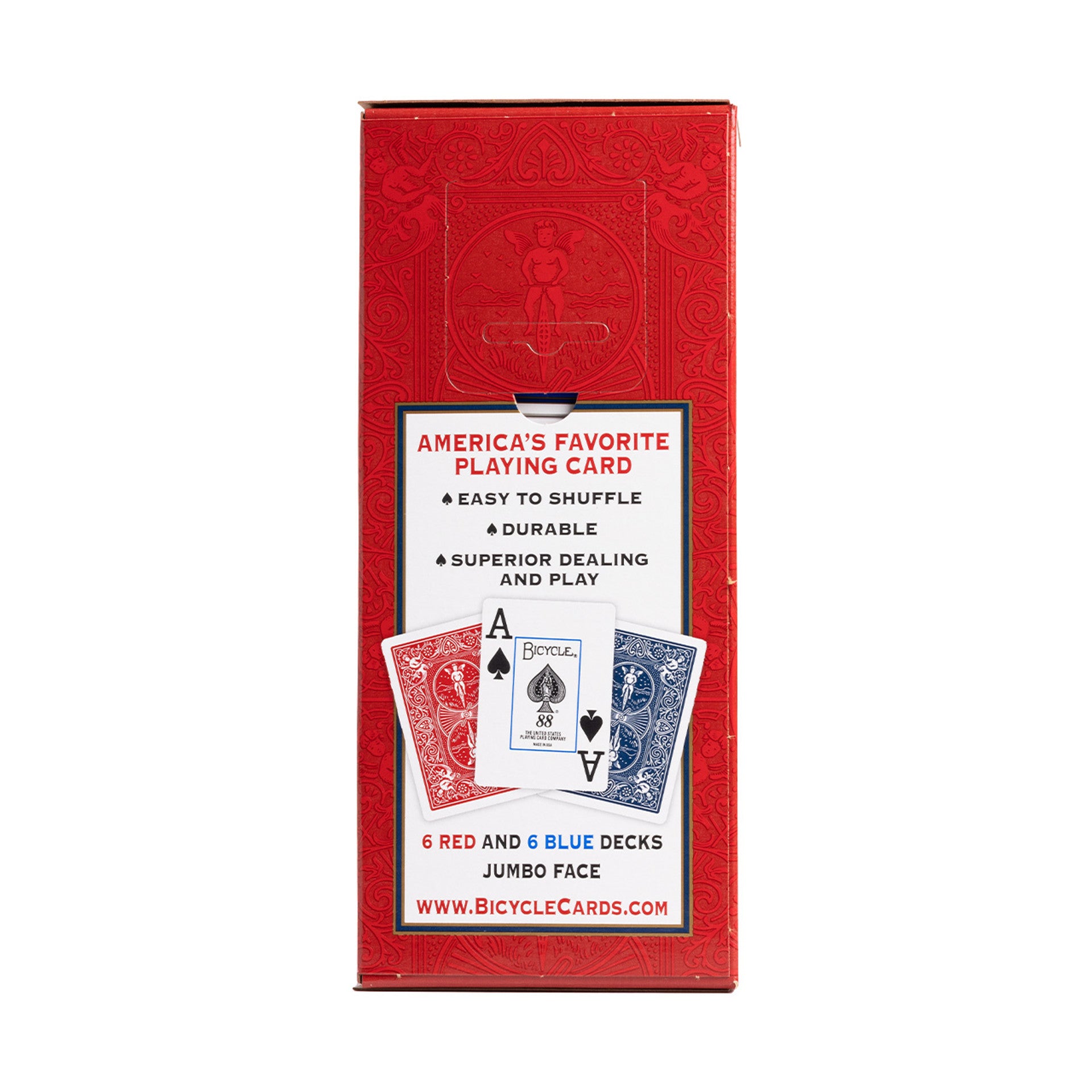 Red box of Bicycle playing cards with card images and text on a white background