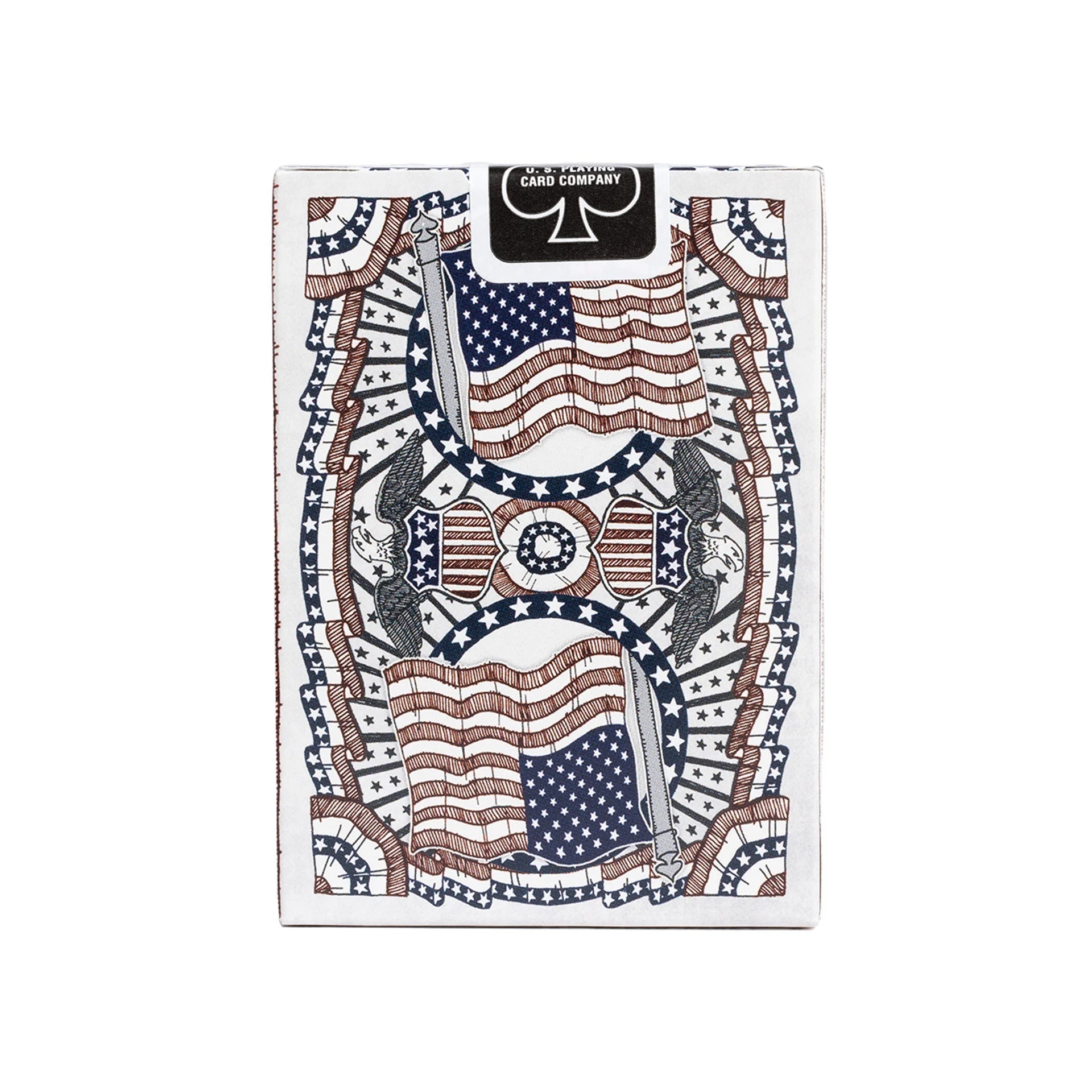 Playing card deck with American flag design on a white background
