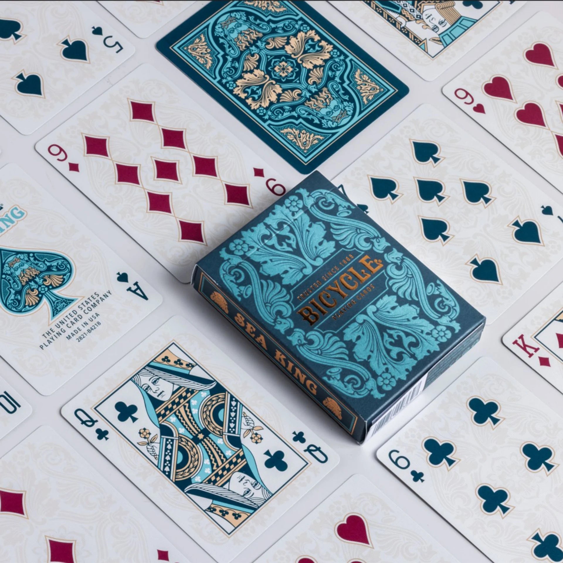 Bicycle Sea King playing cards with decorative design on a white background