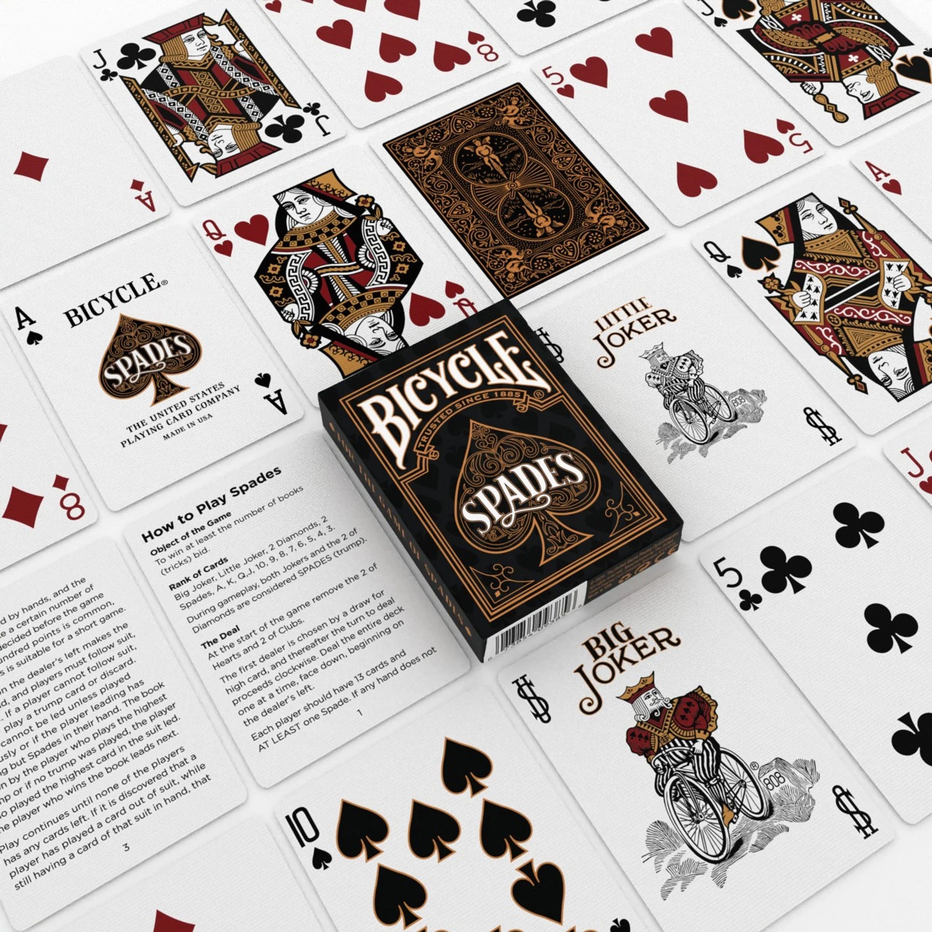 Bicycle Spades playing cards with card faces and text on a white background