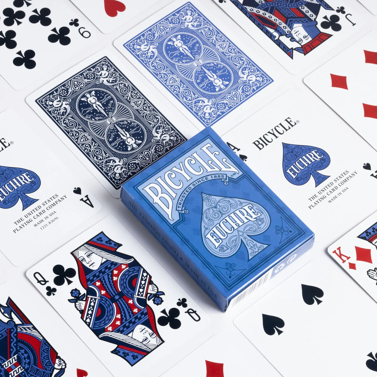 Blue Bicycle Euchre playing cards with card faces displayed
