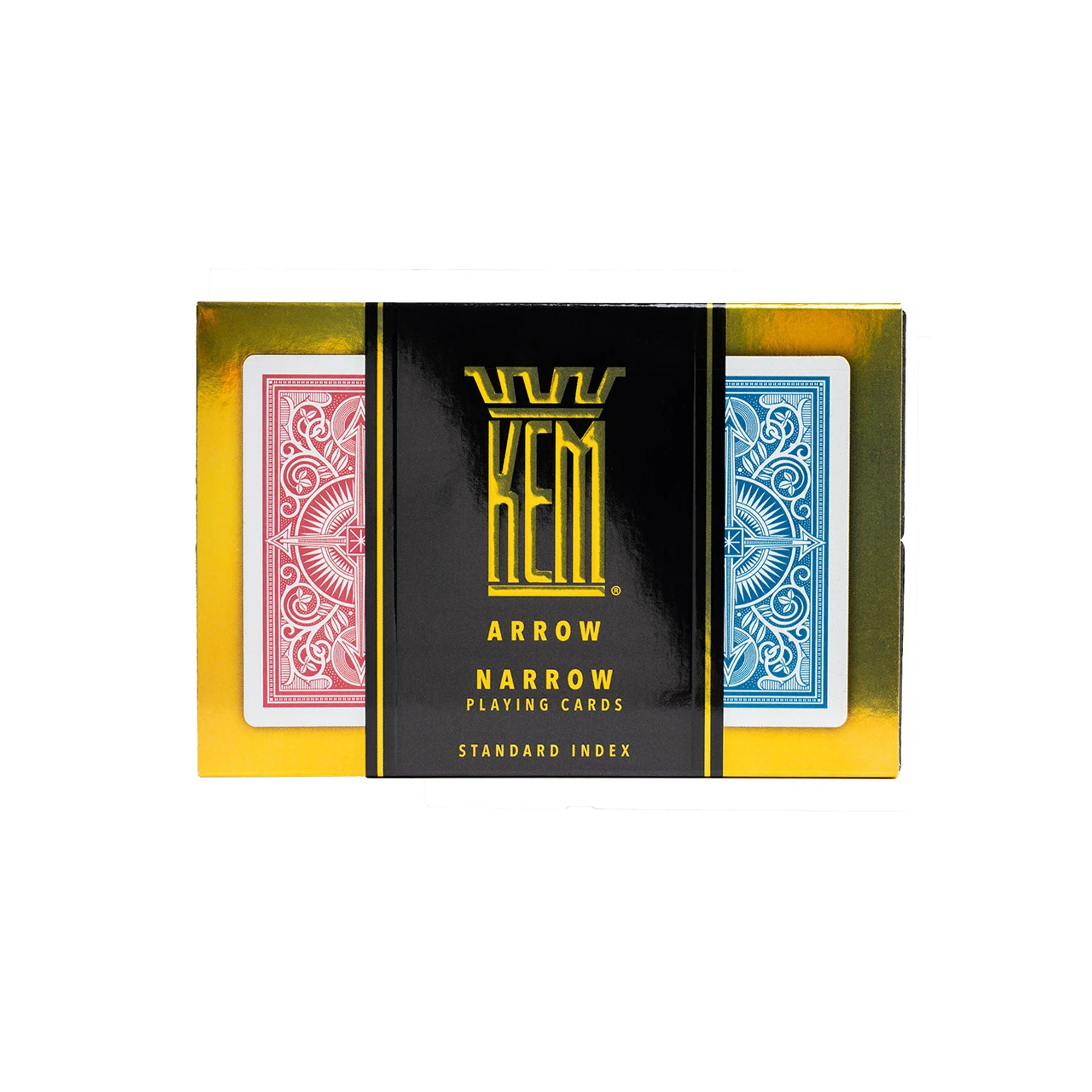 Kem Arrow Narrow playing cards packaging with red and blue card designs on a white background
