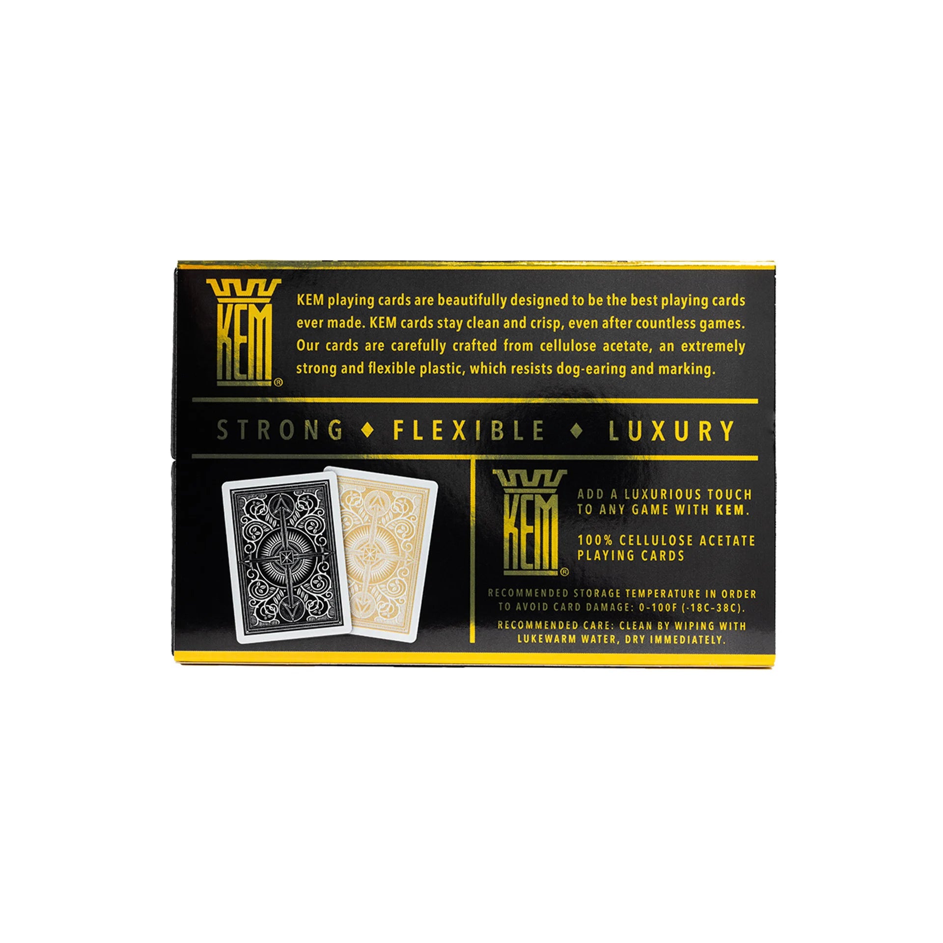 KEM playing cards packaging with text on a white background