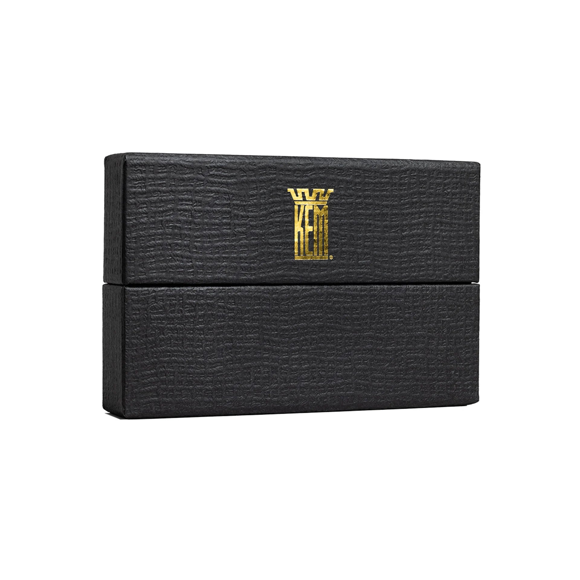 Black jewelry box with a gold KEM logo on a white background