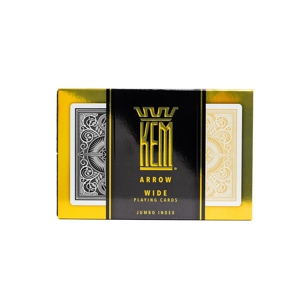 KEM Arrow Black & Gold Poker Jumbo Wide Index Playing Cards packaging with yellow and black design