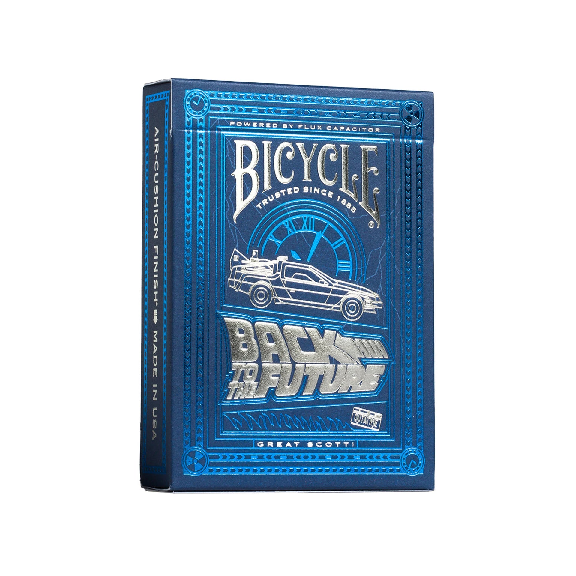 Blue Bicycle Back to the Future playing card deck packaging on a white background