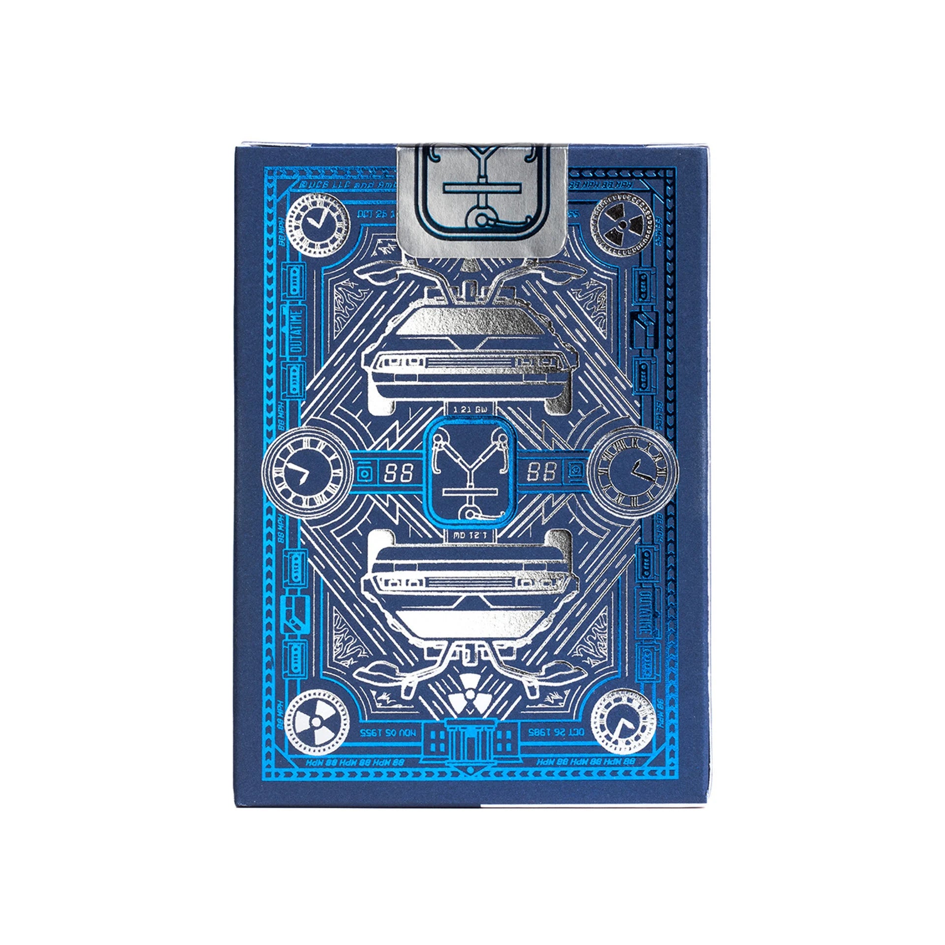 Blue and silver playing card deck with geometric patterns on a white background