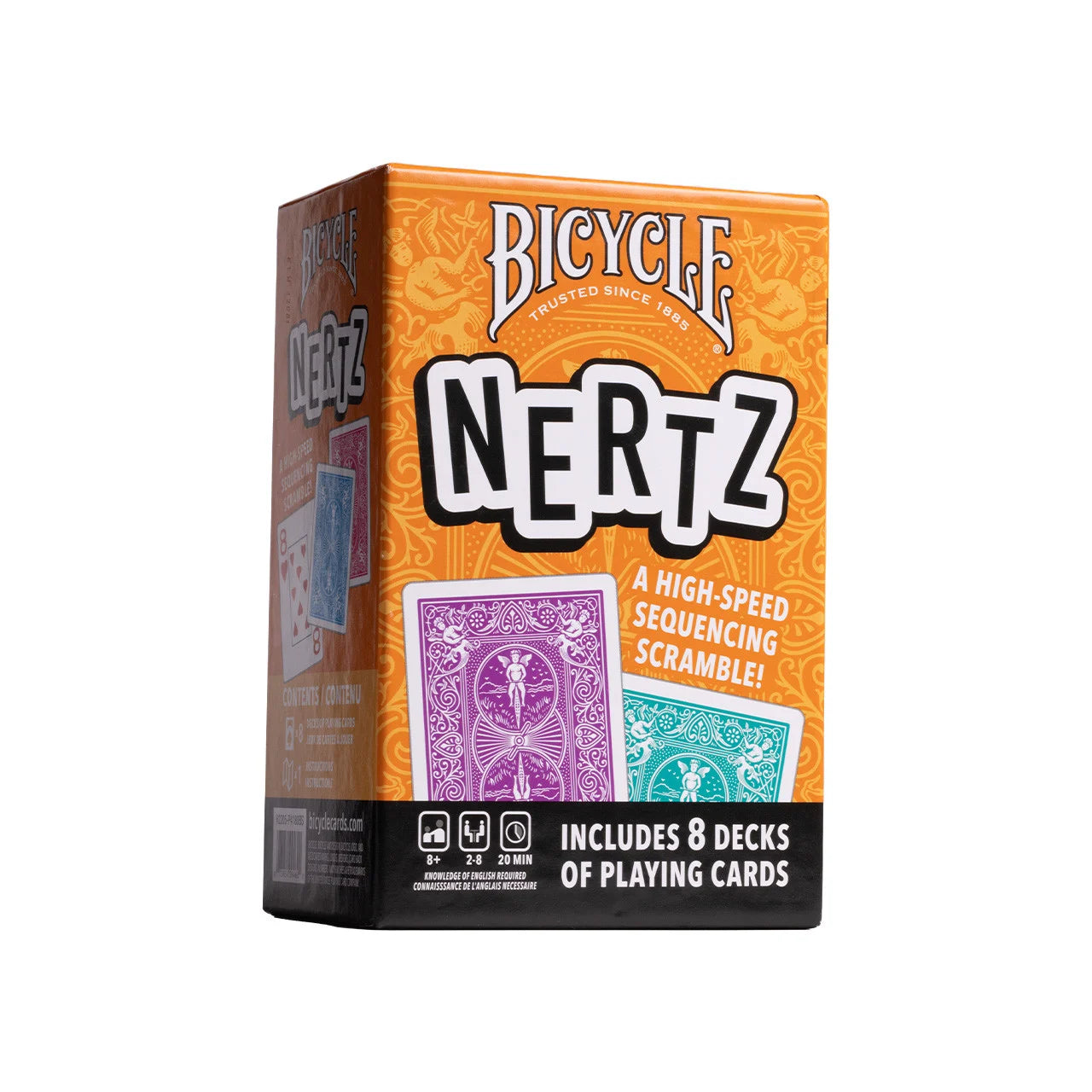 Angled Bicycle Nertz 8 deck game pack box with orange packaging and colored Rider Back cards