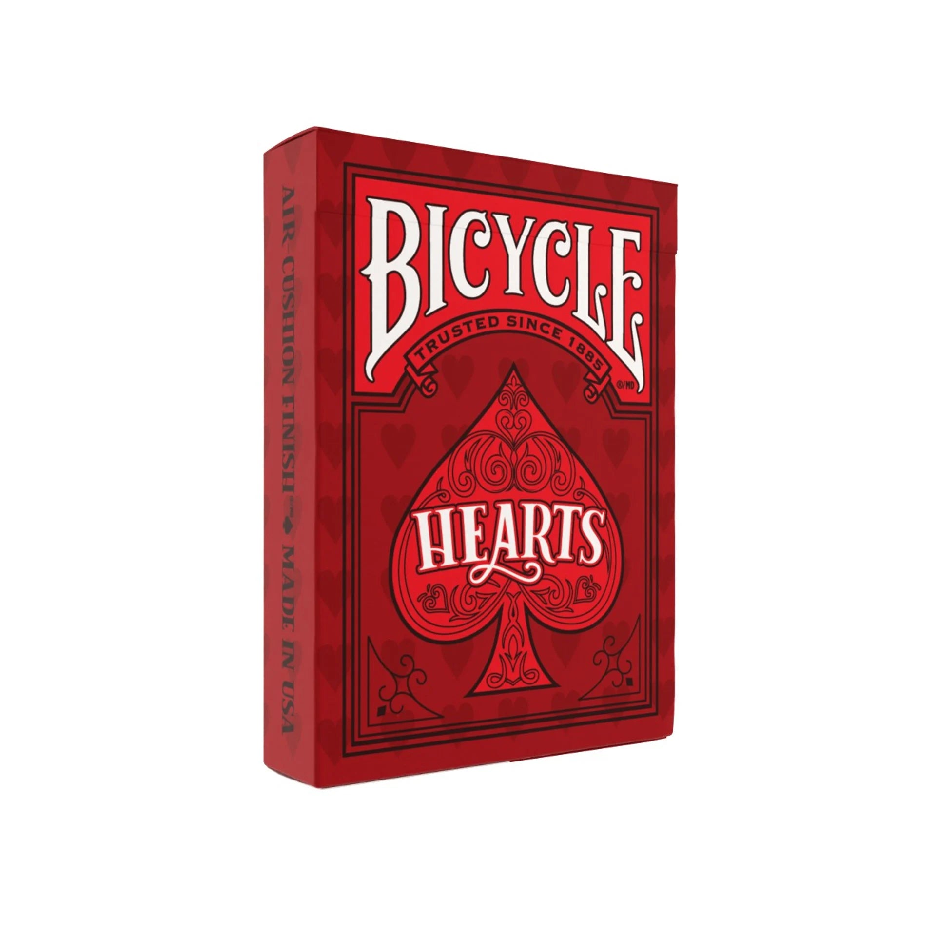 Red Bicycle Hearts playing card box on a white background