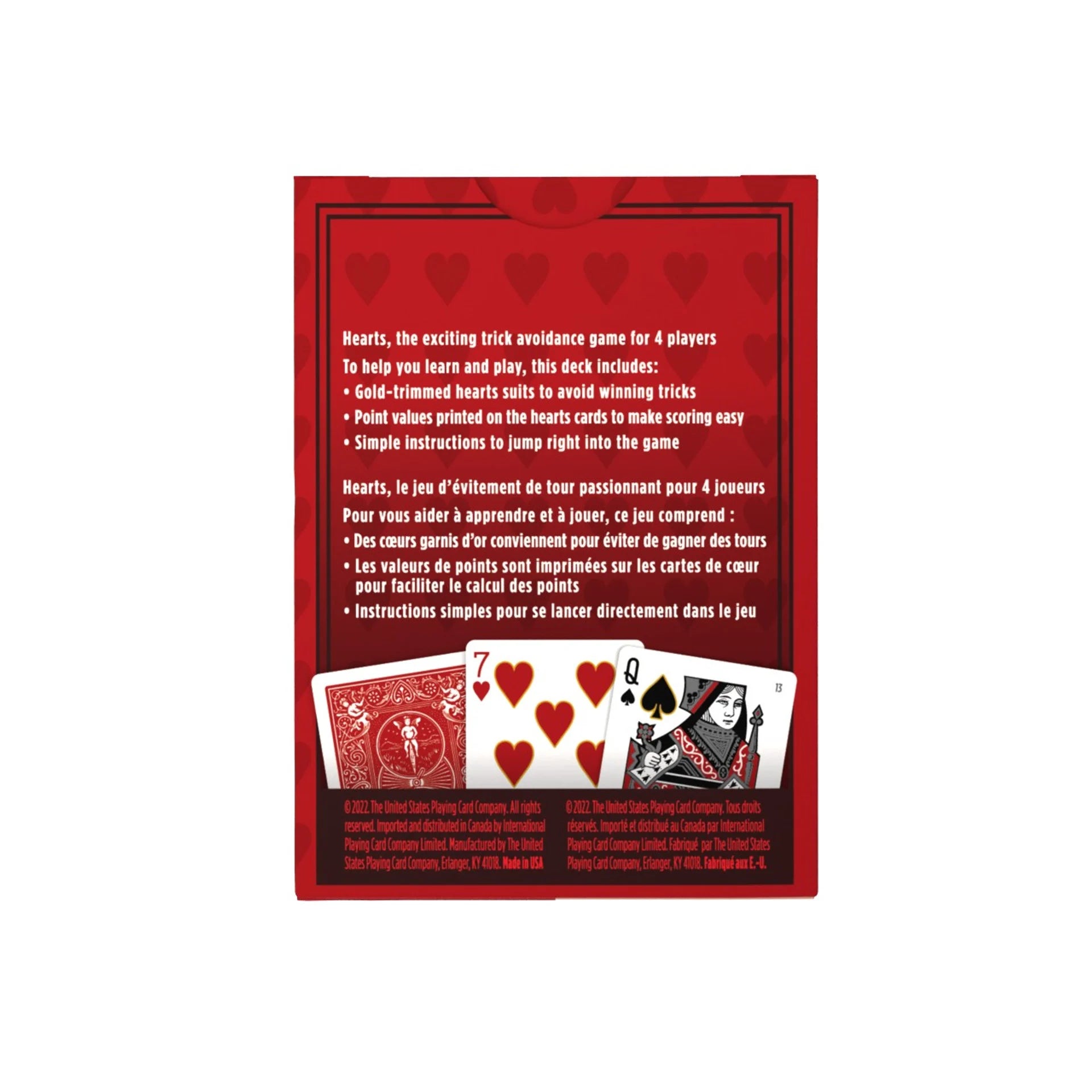 Back view of Bicycle Hearts box with text and playing cards displayed on a white background