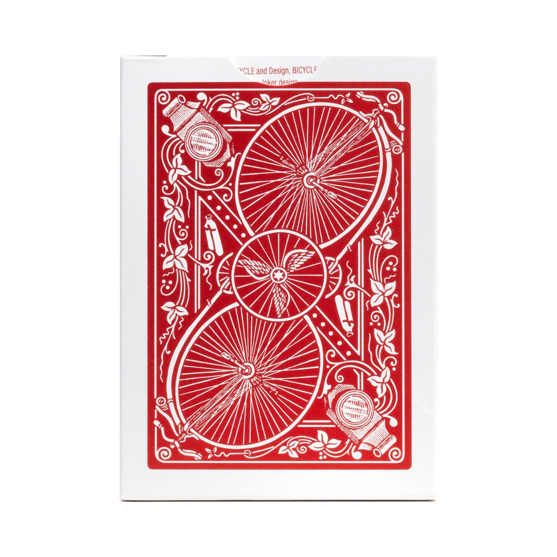 Red and white Bicycle Archive Series Wheel No. 1 Back playing card with bicycle design on a white background
