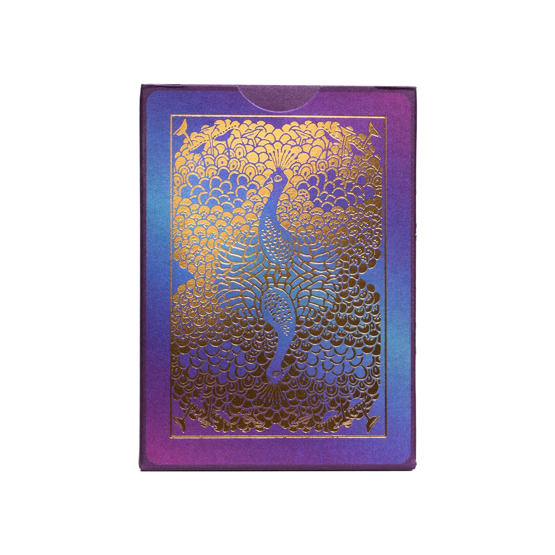 Purple card back with gold cold foil peacock design on a white background