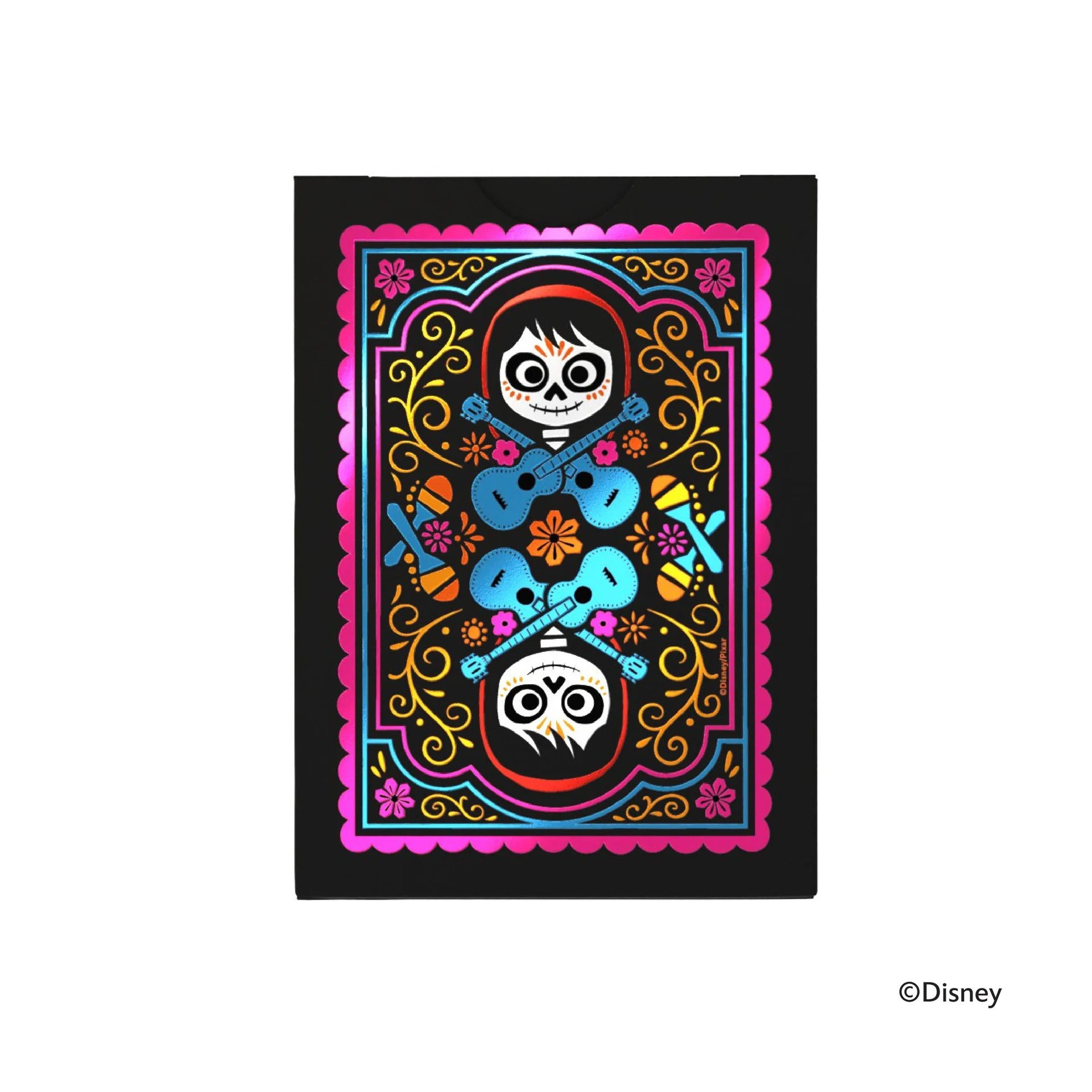 Back of Bicycle Disney Coco tuck box with colorful guitar and floral artwork
