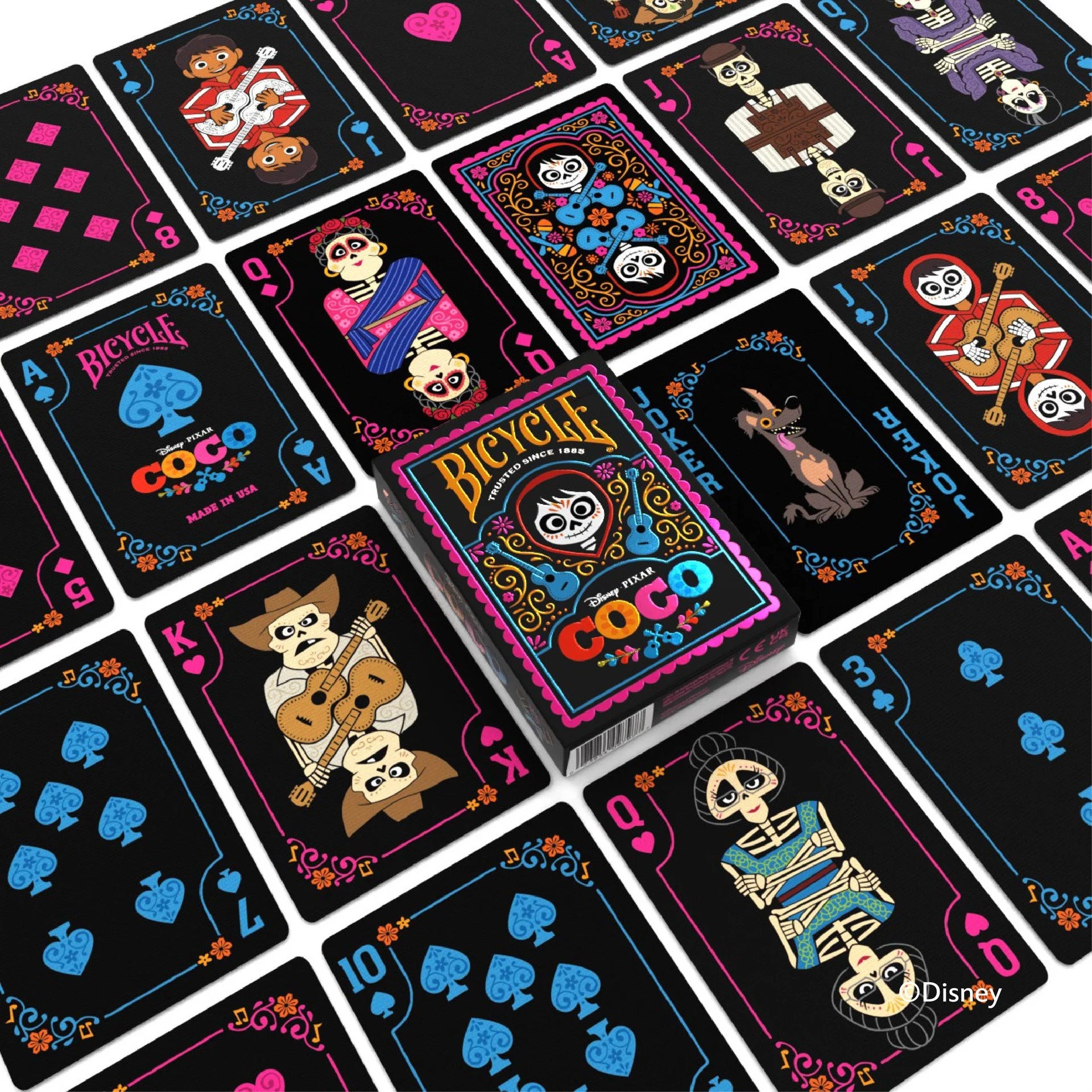 Bicycle Disney Coco deck with custom faces, card backs and tuck box