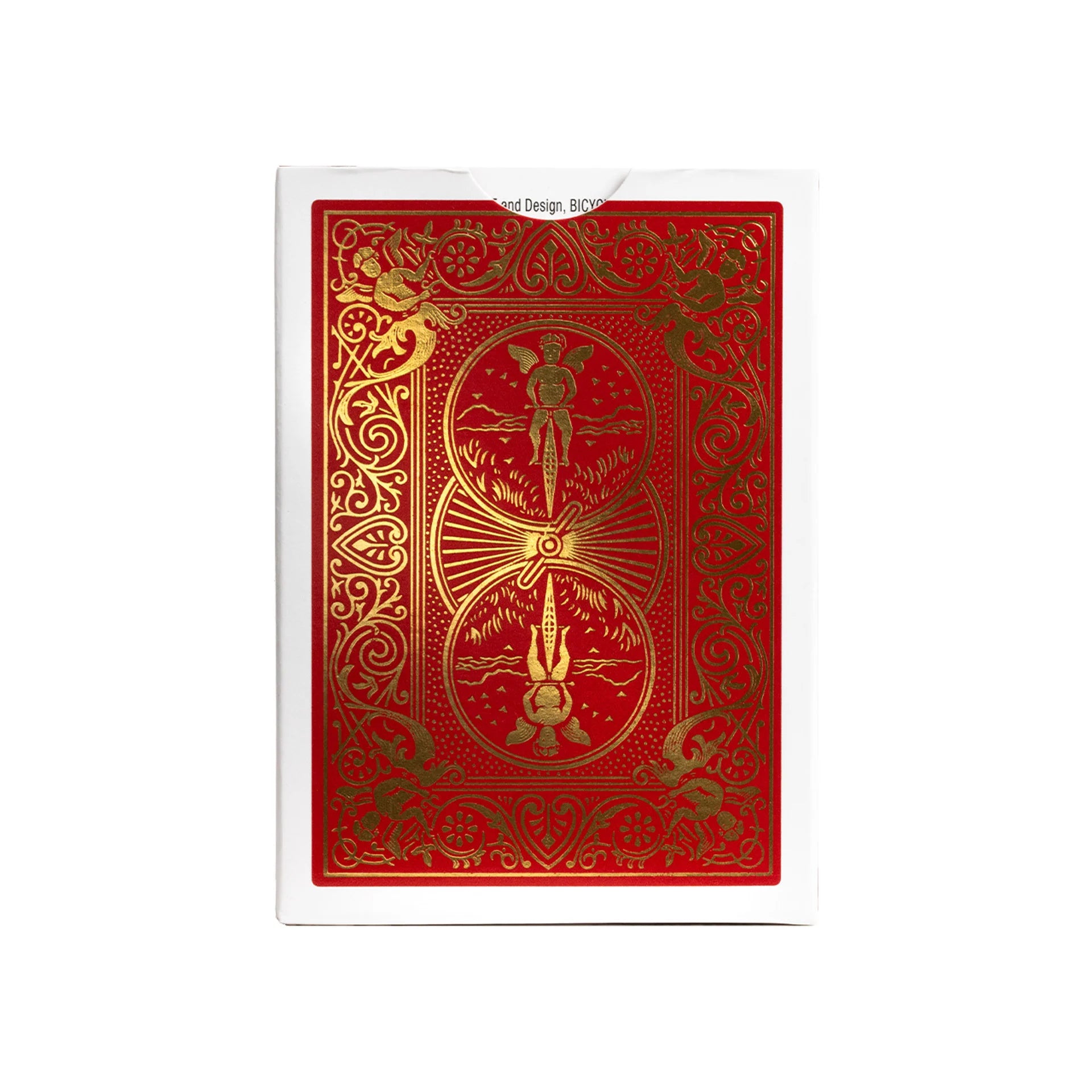 Red and gold Bicycle 140th Anniversary playing card box with intricate designs on a white background