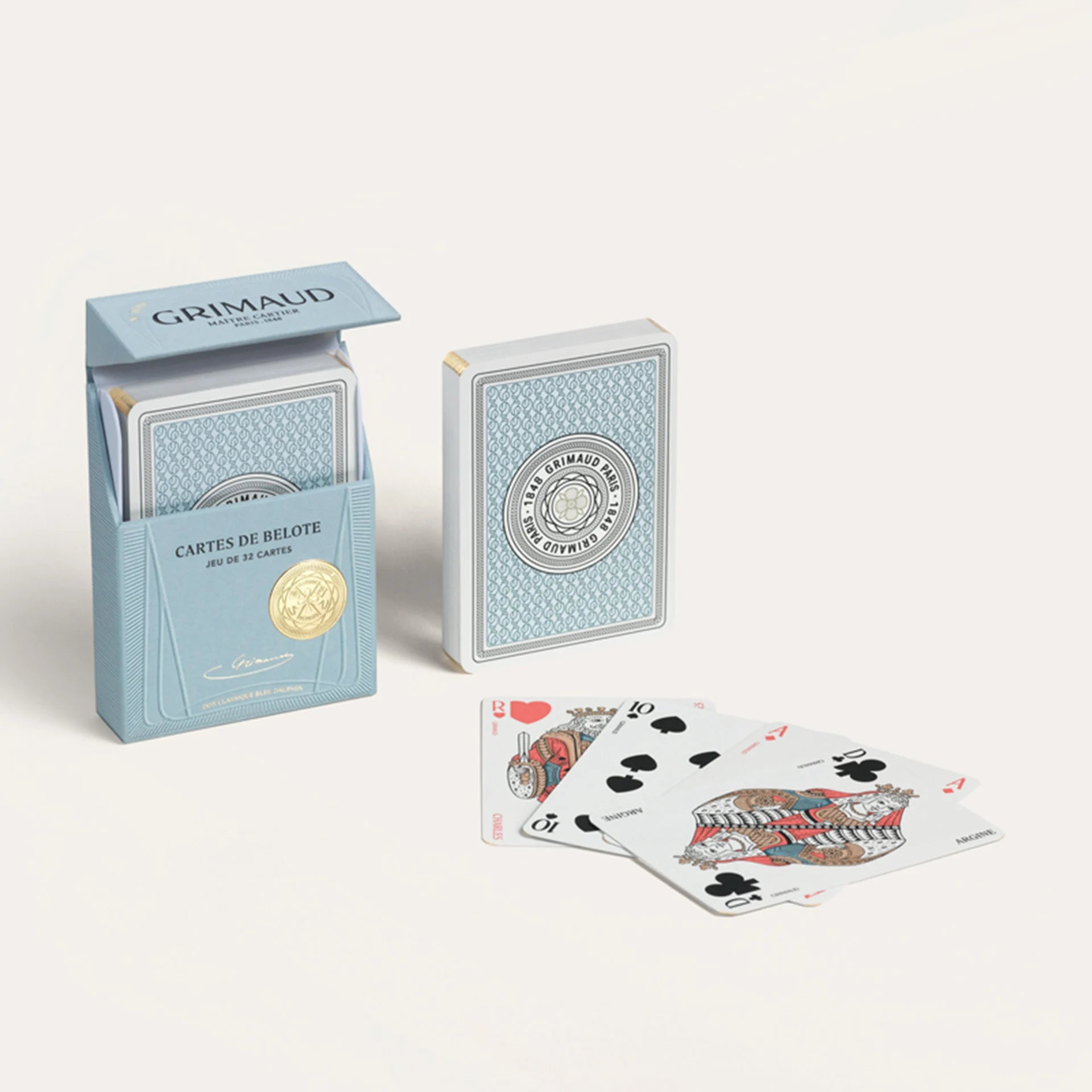 N°100 Cartes de Belote playing cards with Grimaud branding on a white background