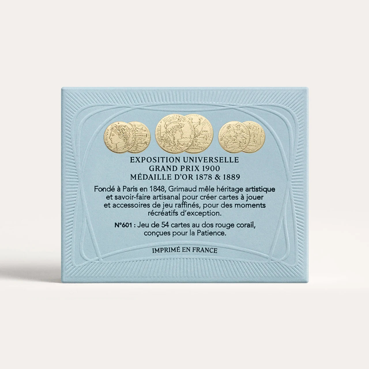 Grimaud N°601 Cartes de Patience Mini Cards Packaging with gold coins and text on a light blue background