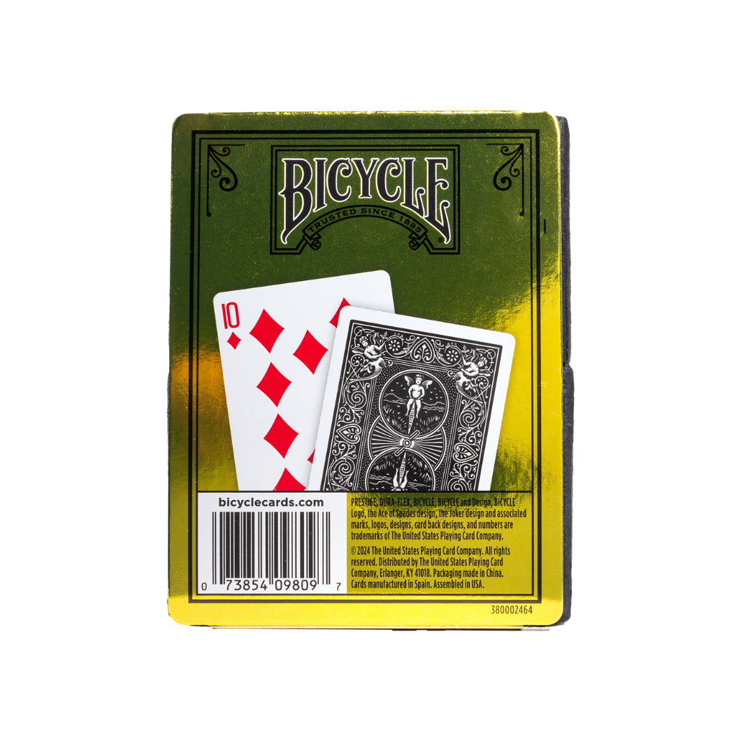 Bicycle playing card deck packaging with cards visible on a white background