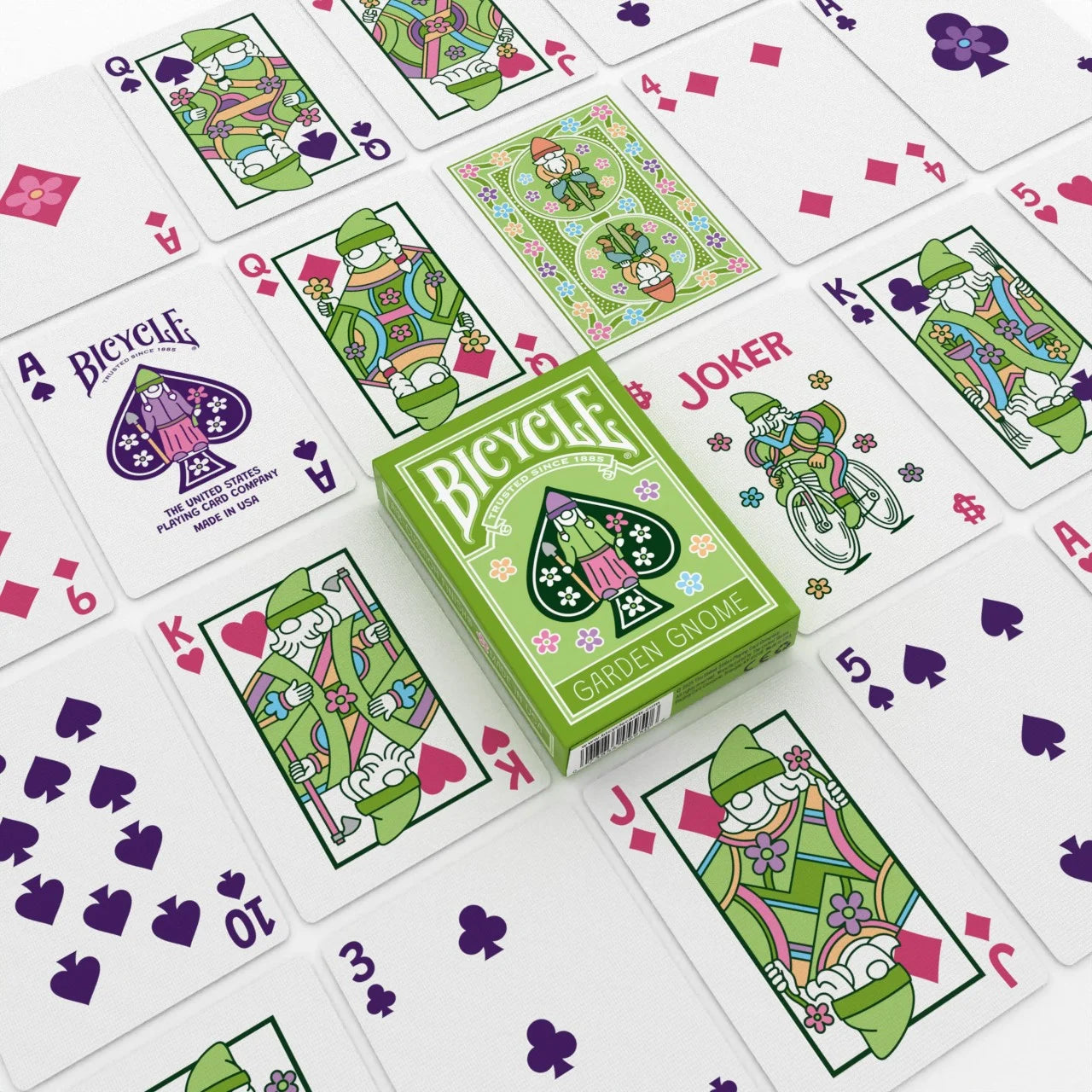 Bicycle Garden Gnome Playing Cards with tuck box, custom Ace of Spades, court cards, and floral gnome back design