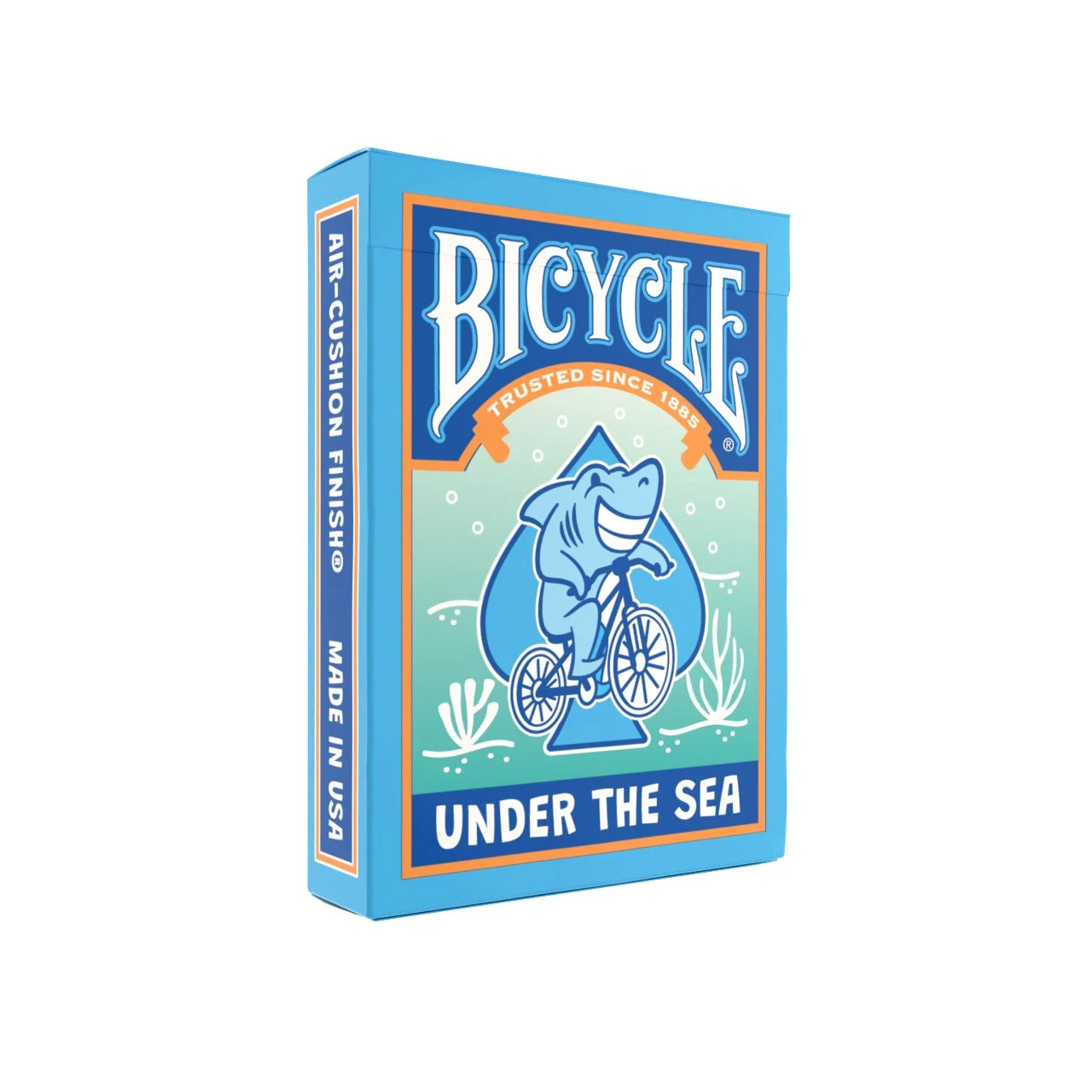 Bicycle Under the Sea playing cards tuck box with smiling shark on bicycle