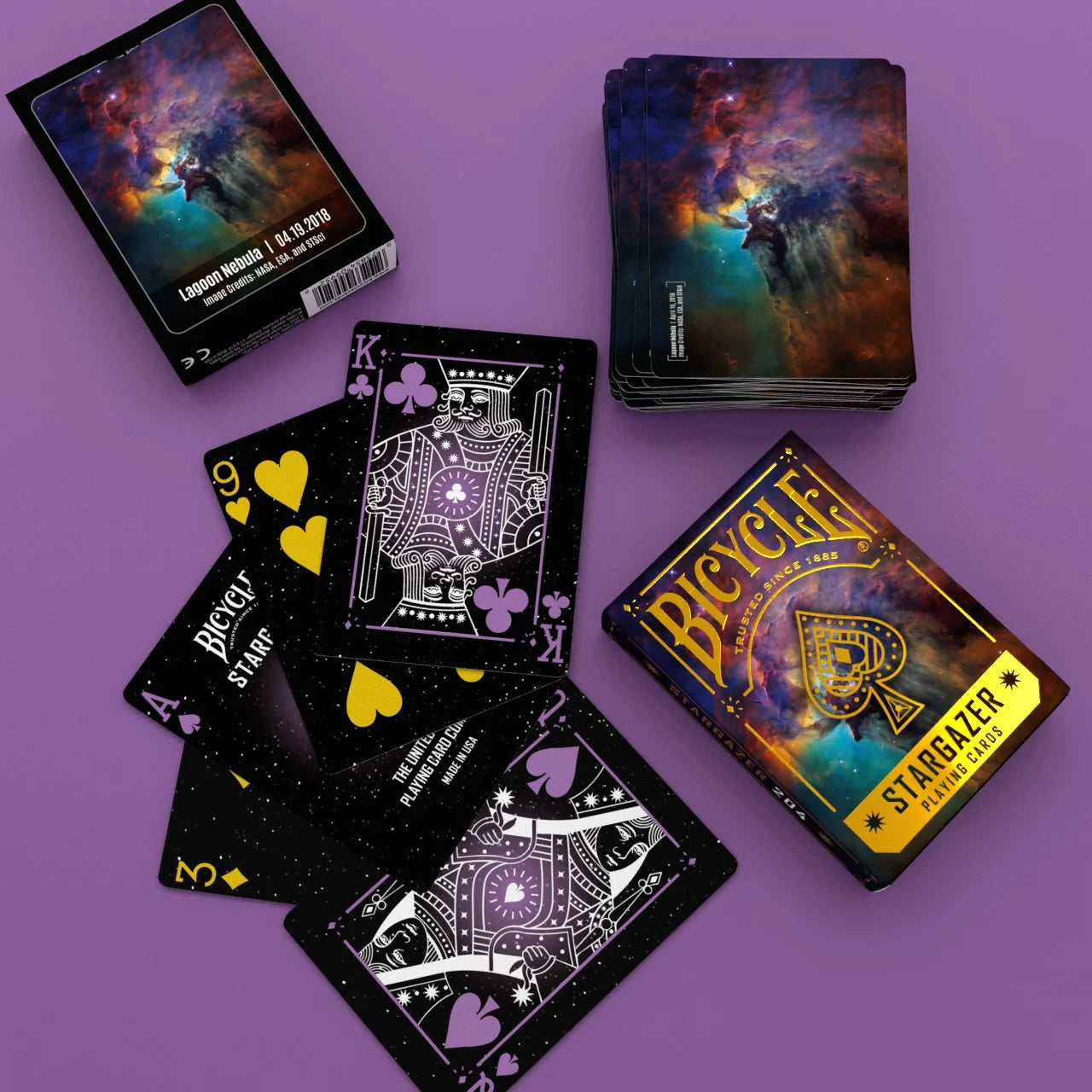 Bicycle Stargazer 204 deck with Lagoon Nebula tuck box, card backs, and custom courts