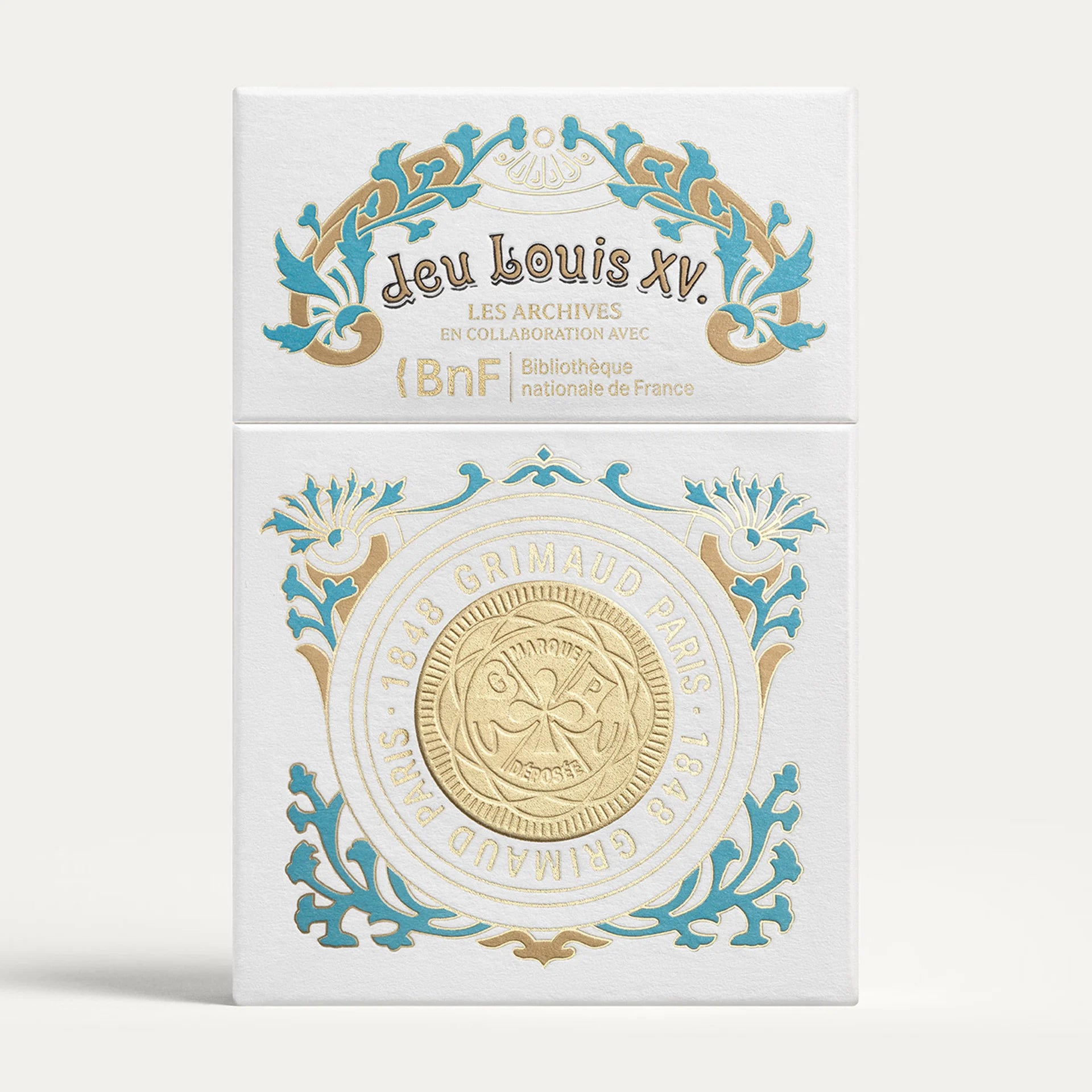 Grimaud Jeu Louis XV decorative box with intricate designs and text on a white background