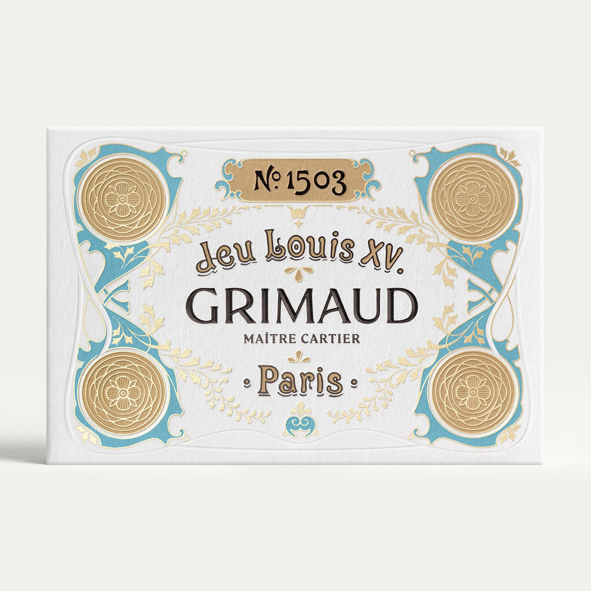 Grimaud Grimaud Jeu Louis XV packaging with decorative elements on a white background