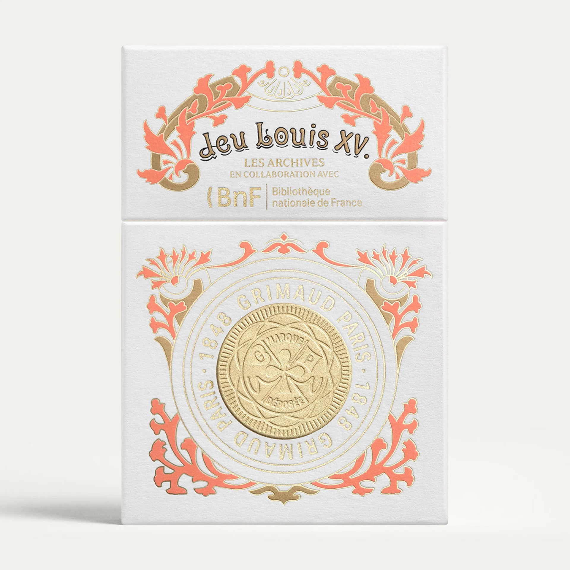 Decorative Grimaud N°1504 Jeu Louis XV box with gold embossed design and text on a white background
