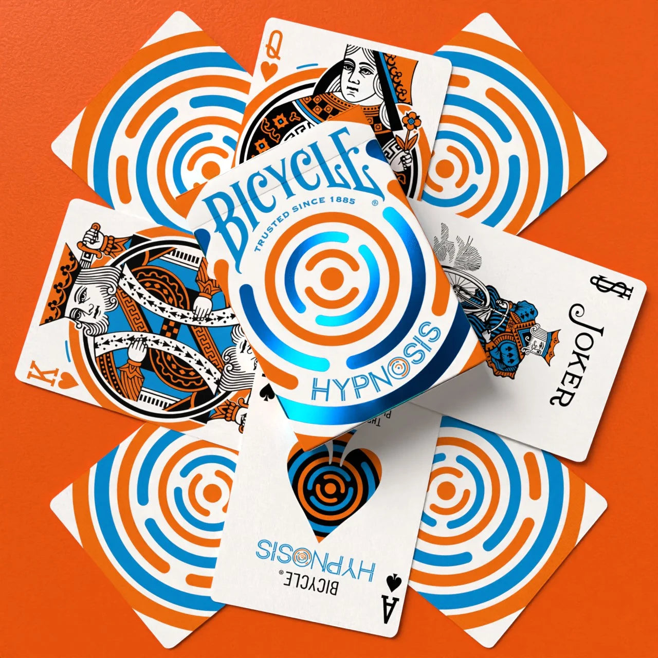 Bicycle Hypnosis Blue cards showing custom faces and hypnotic backs