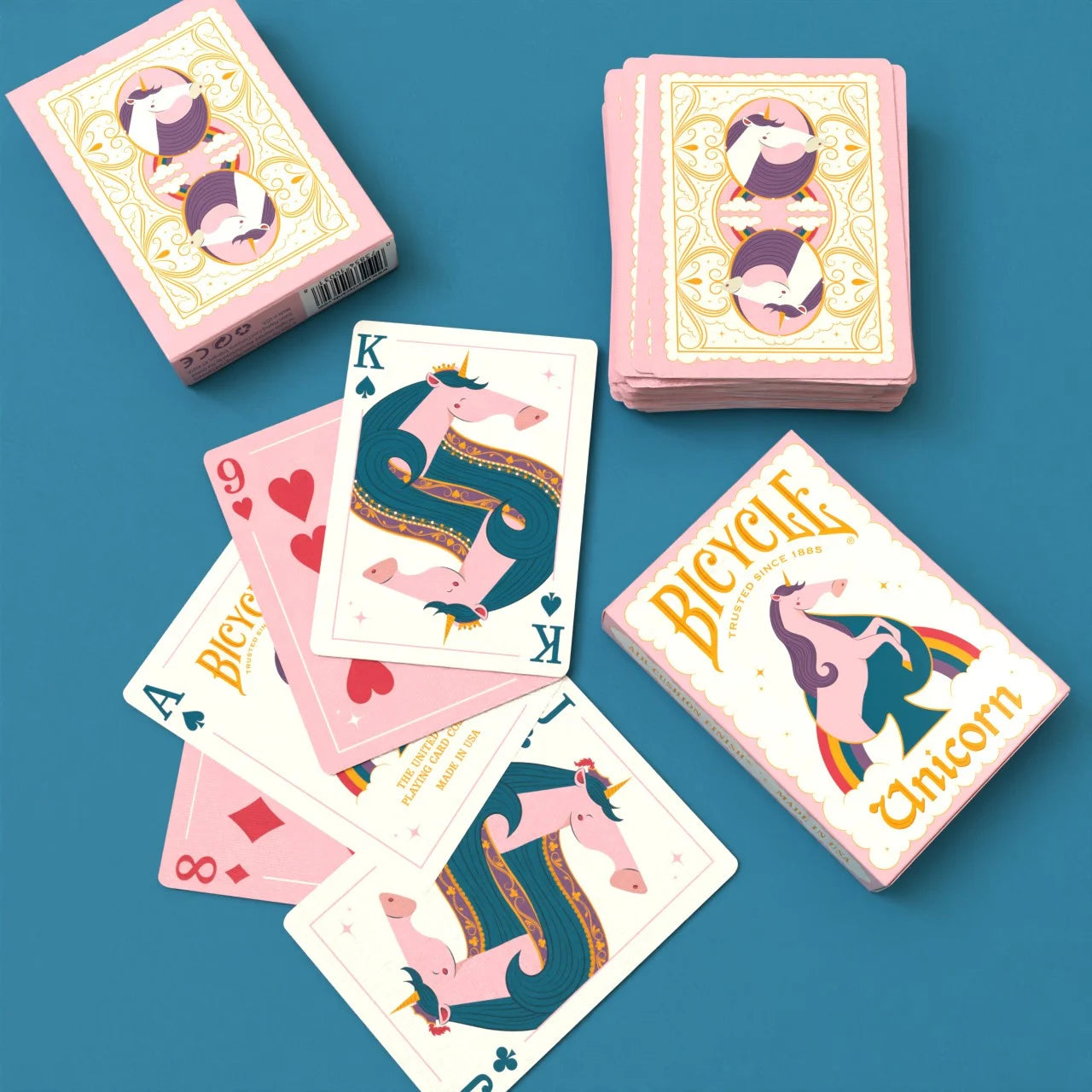 Bicycle Unicorn Pink deck with pink tuck box, unicorn courts and number cards