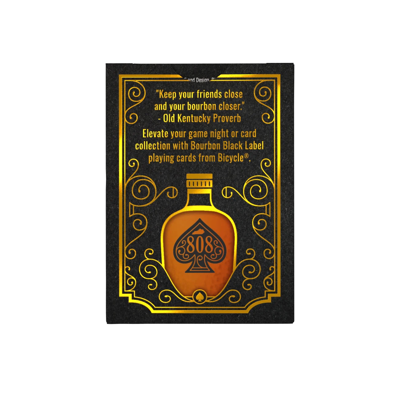 Back of Bicycle Bourbon Black Label tuck box with bourbon bottle artwork