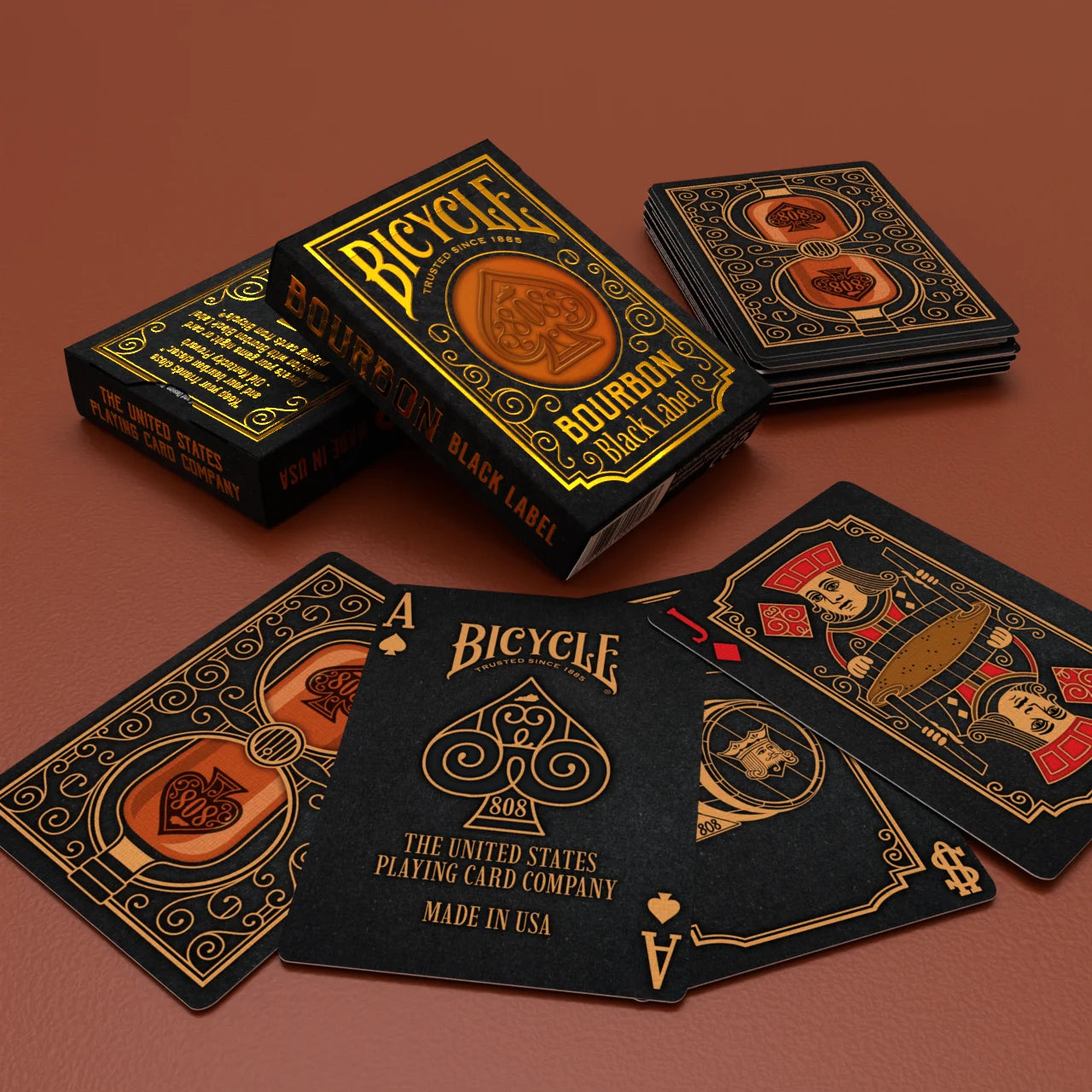 Bicycle Bourbon Black Label tuck box with custom Ace, Joker and court cards