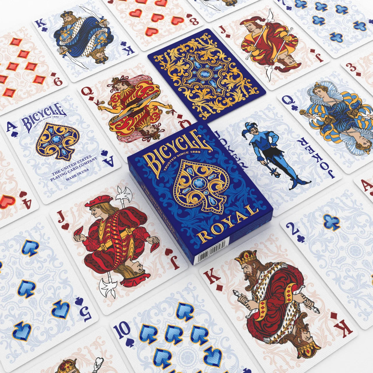 Bicycle Royal deck with custom courts, pips, backs and blue tuck box