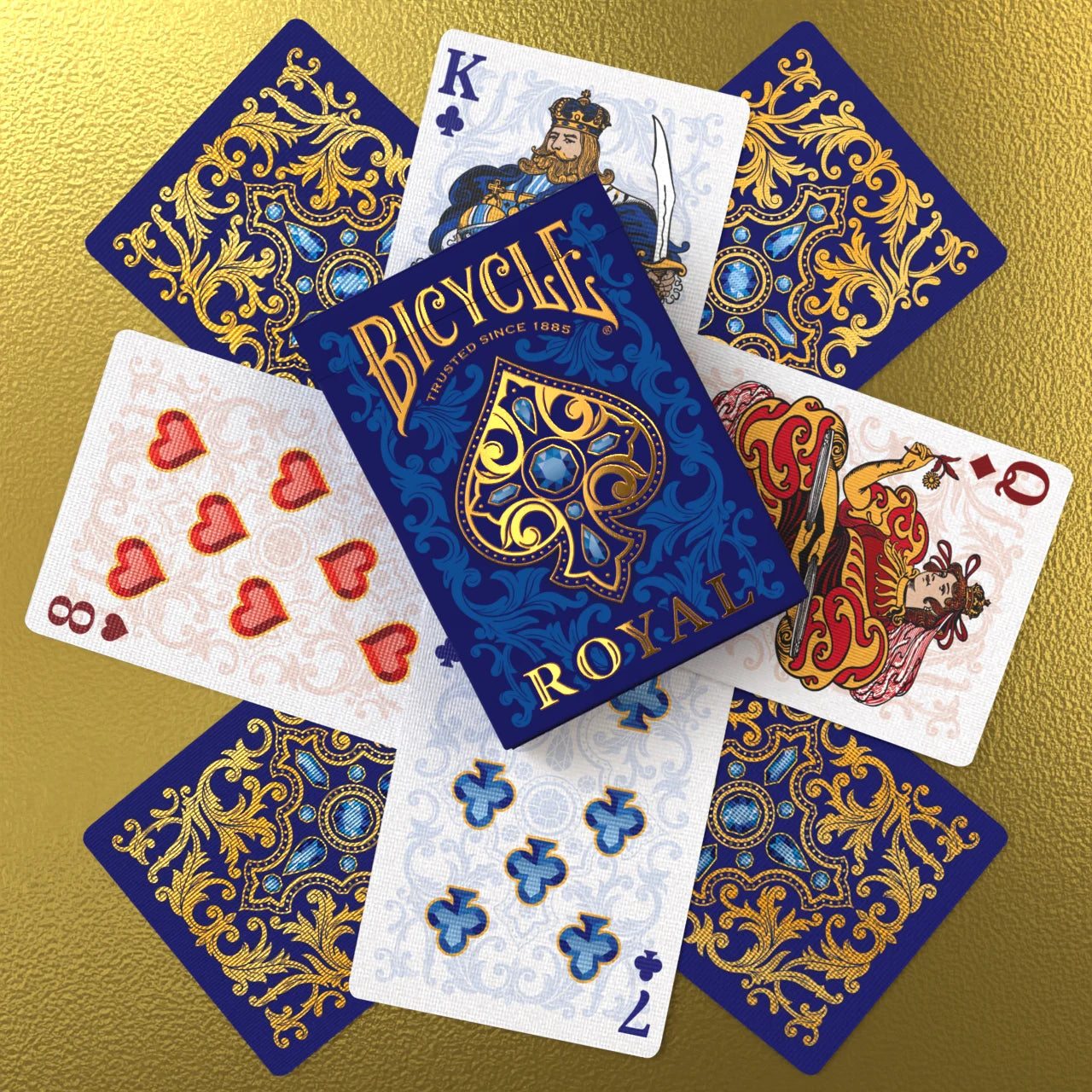 Bicycle Royal tuck box with blue and gold card backs and custom faces
