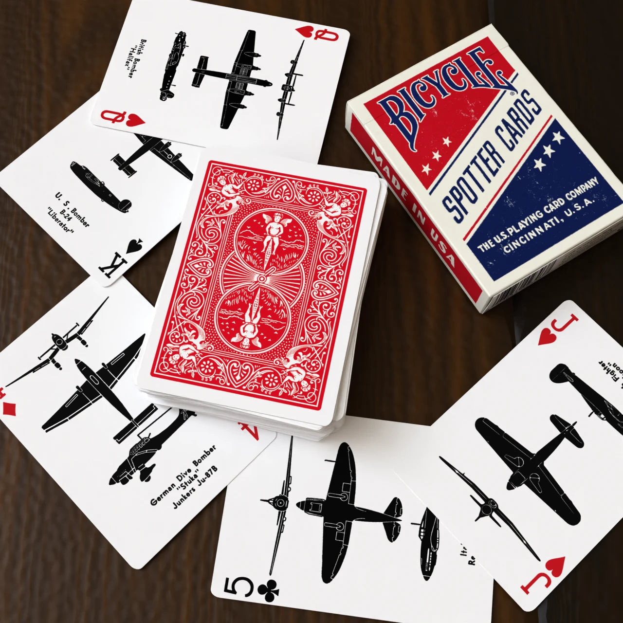 Bicycle Spotter Red playing cards with red Rider Back deck, WWII aircraft silhouette cards, and tuck box